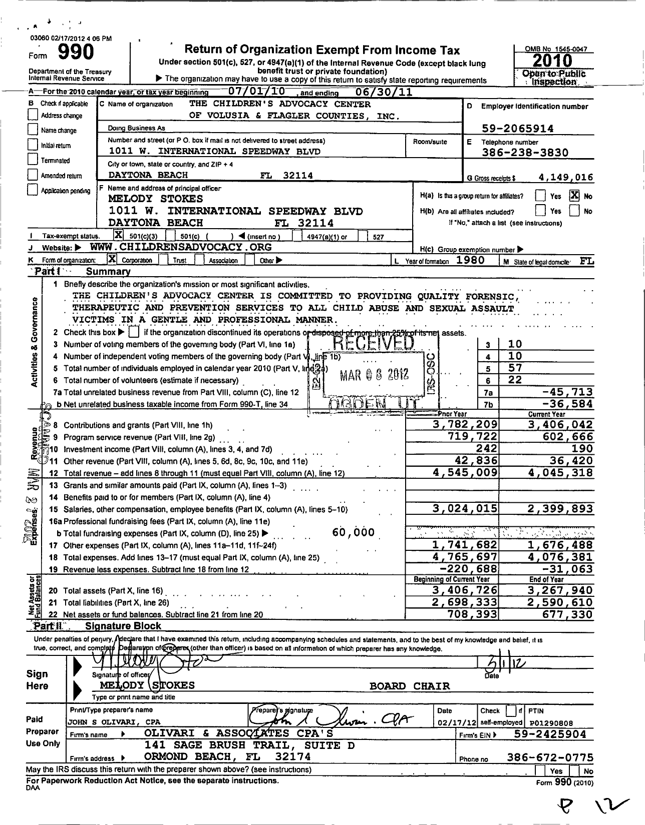 Image of first page of 2010 Form 990 for Children's Advocacy Center of Volusia and Flagler Counties