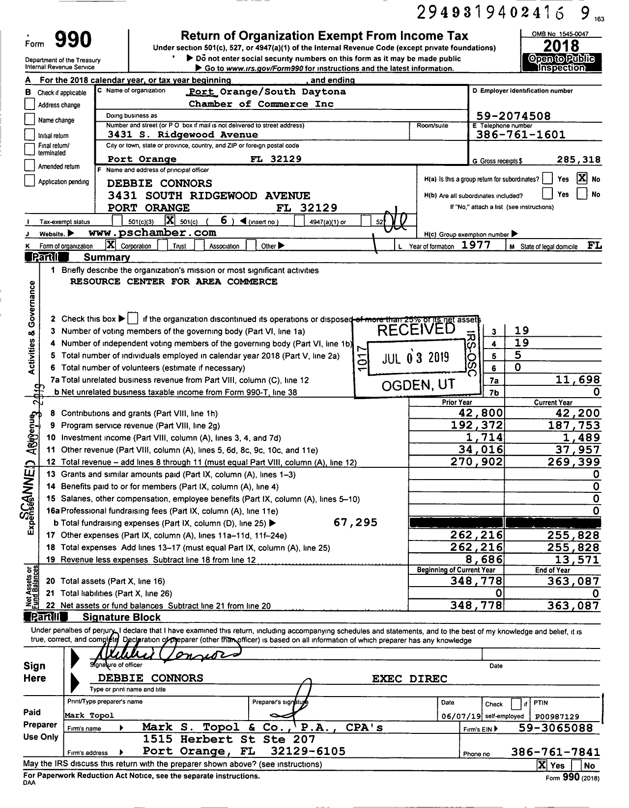 Image of first page of 2018 Form 990O for Port Orangesouth Daytona Chamber of Commerce