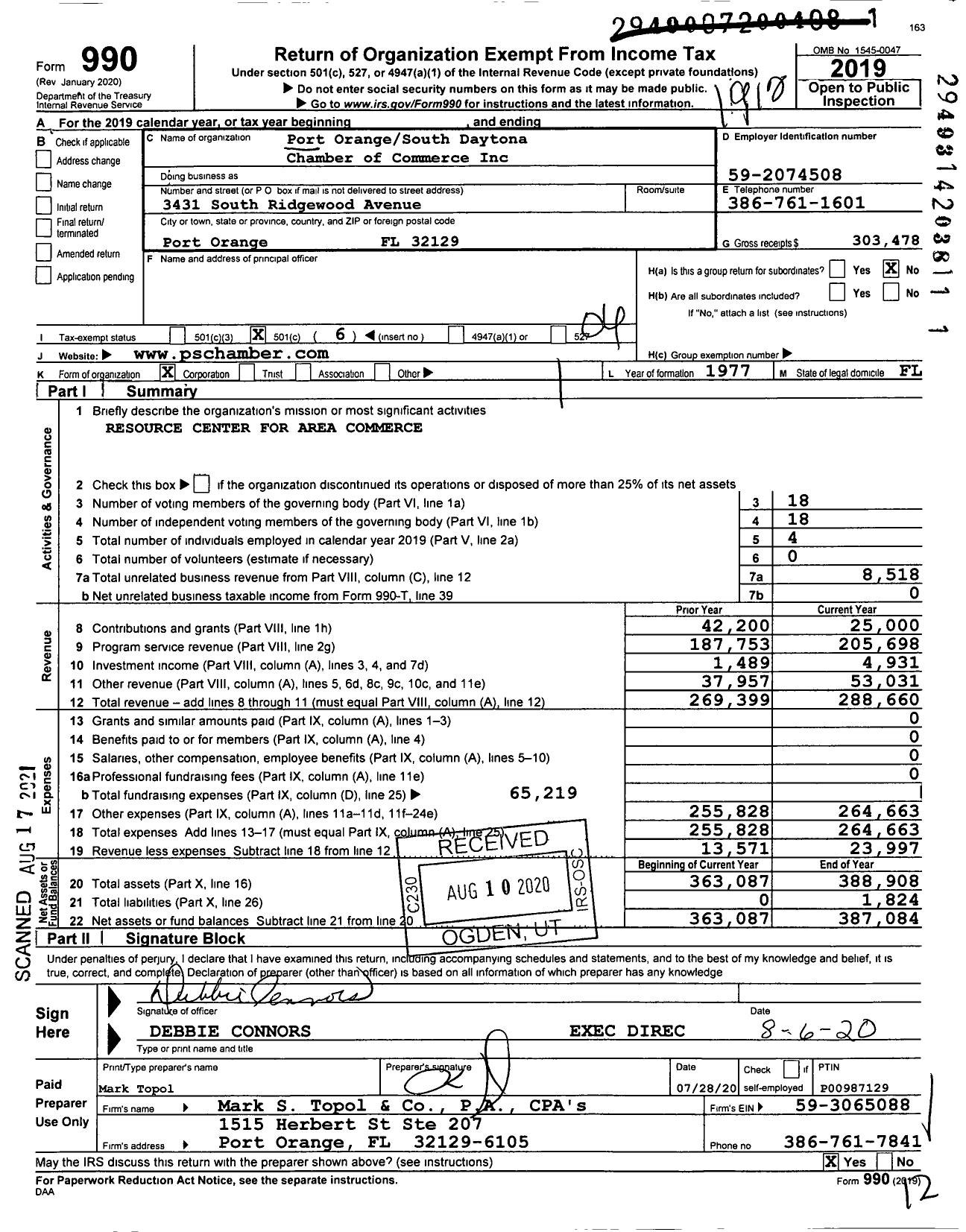 Image of first page of 2019 Form 990O for Port Orangesouth Daytona Chamber of Commerce