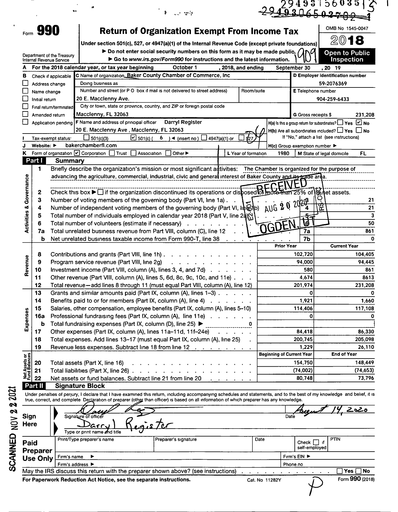 Image of first page of 2018 Form 990O for Baker County Chamber of Commerce