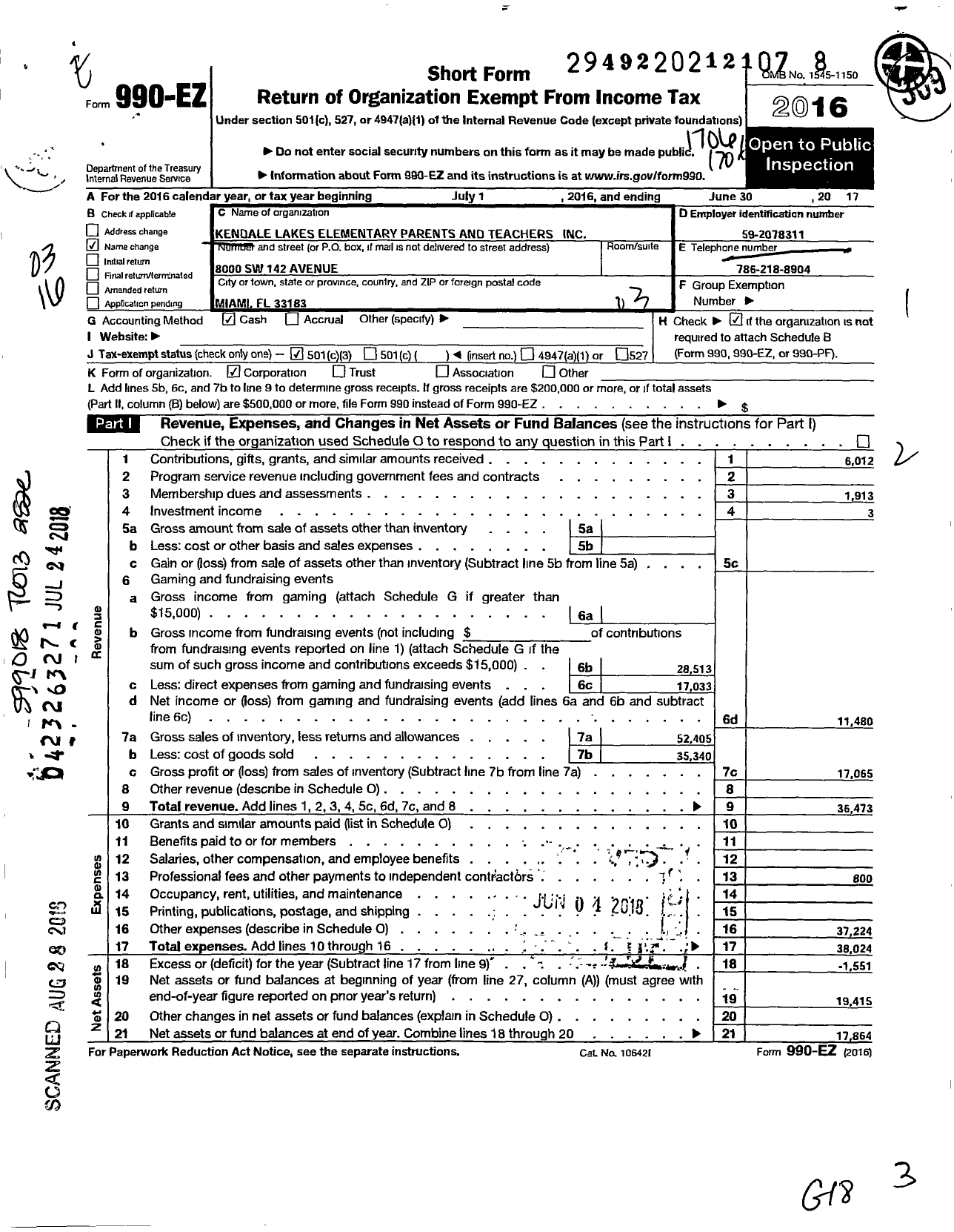 Image of first page of 2016 Form 990EZ for Kendale Lakes Elementary Parents and Teachers