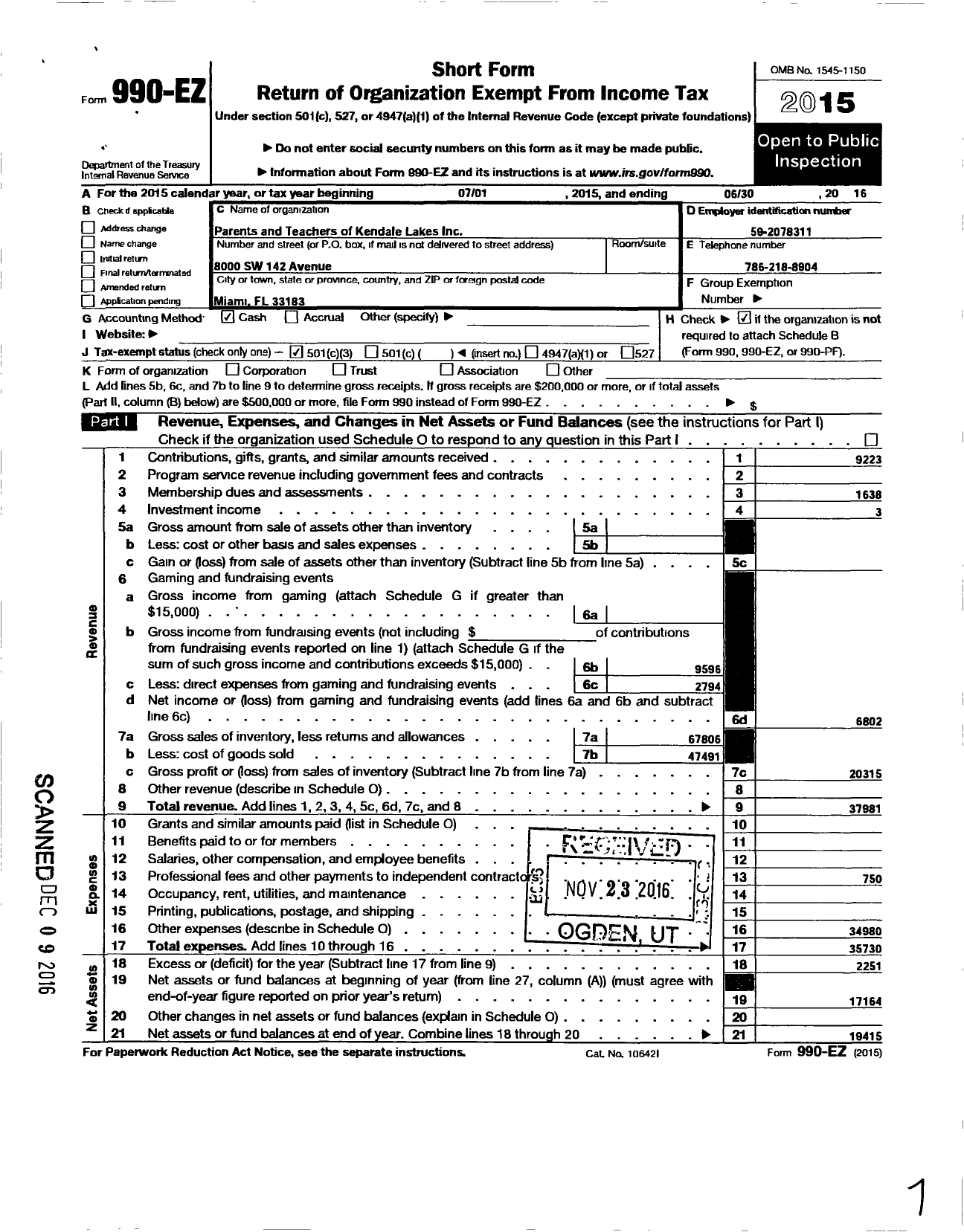 Image of first page of 2015 Form 990EZ for Kendale Lakes Elementary Parents and Teachers