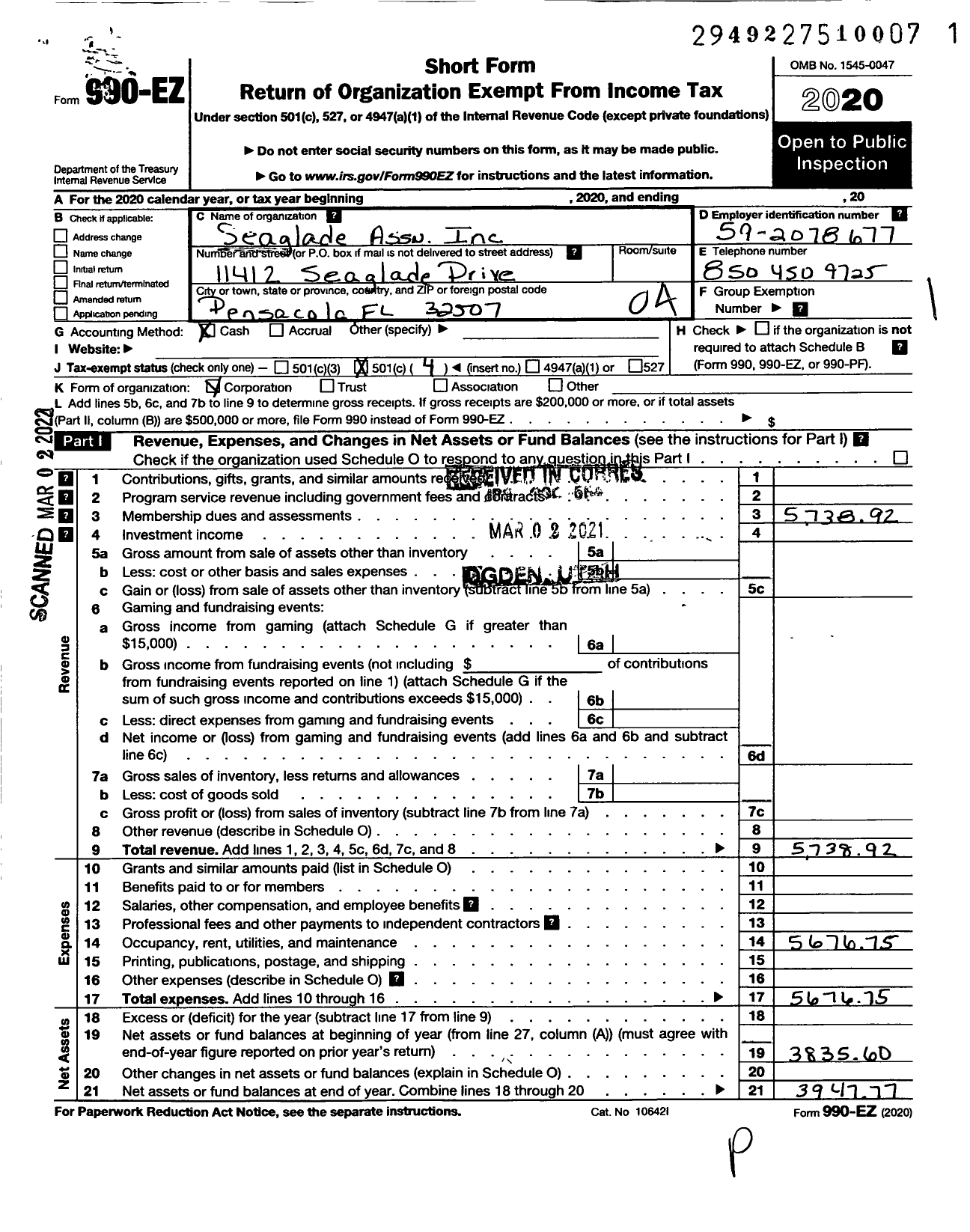 Image of first page of 2020 Form 990EO for Seaglades Association