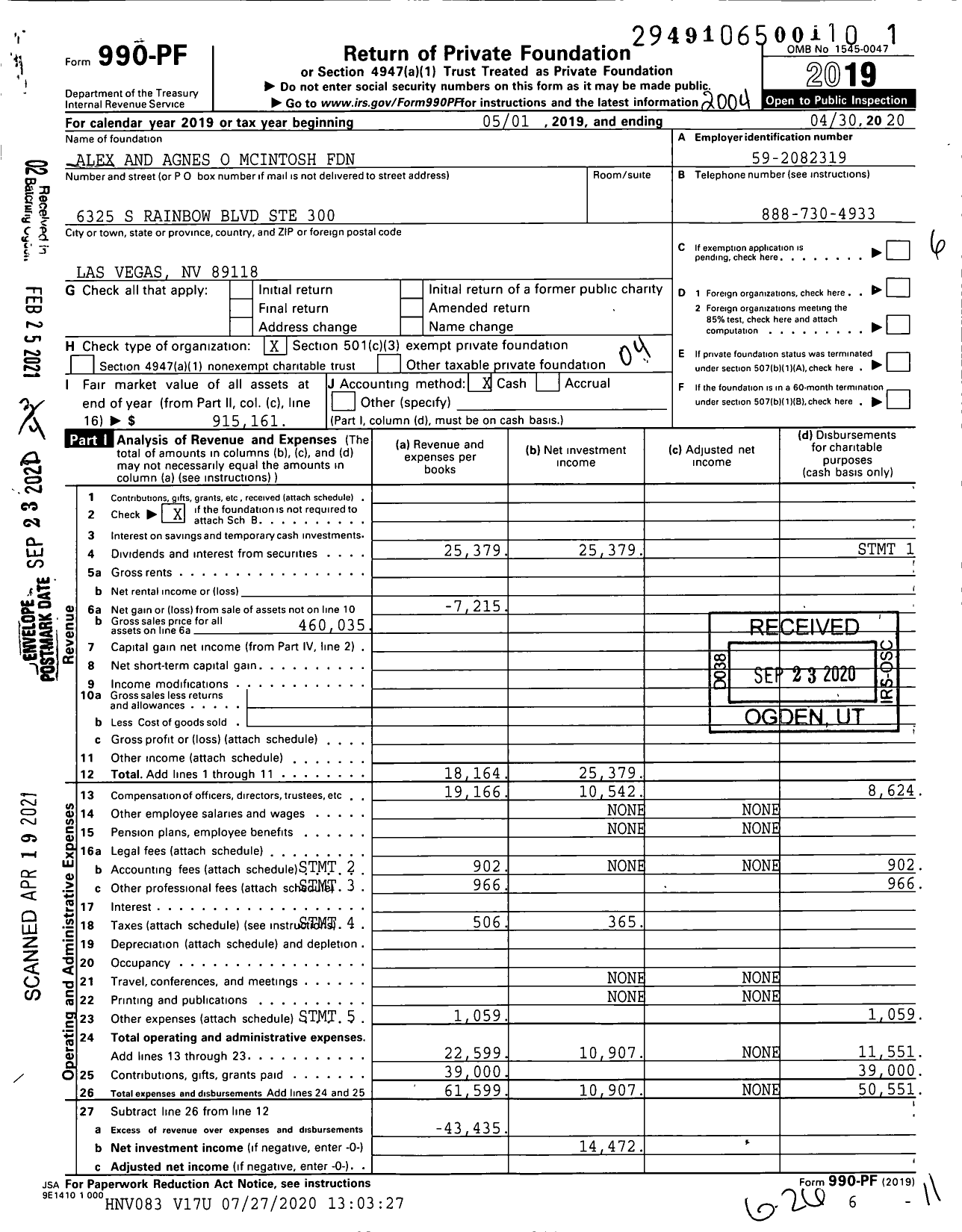 Image of first page of 2019 Form 990PF for Alex and Agnes O Mcintosh Foundation