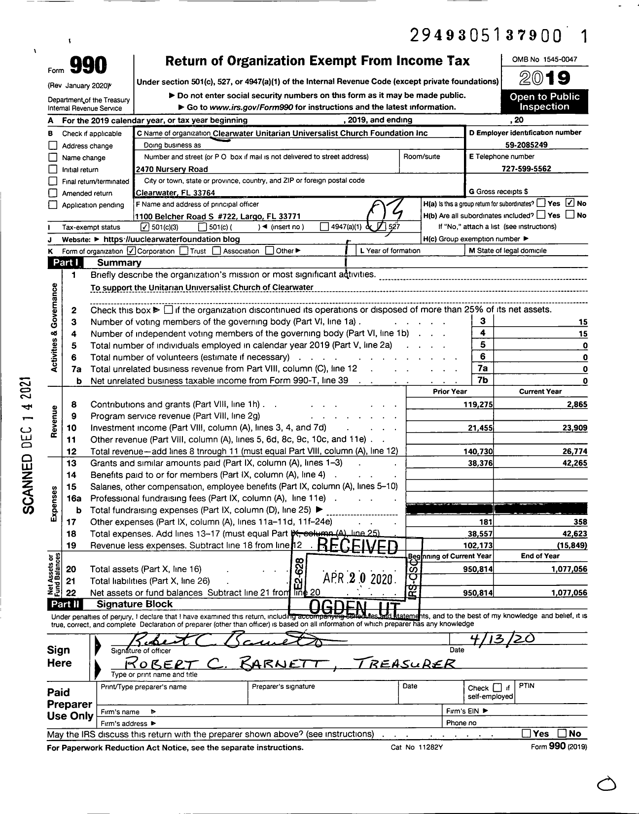 Image of first page of 2019 Form 990 for Unitarian Universalists of Clearwater Endowment Foundation