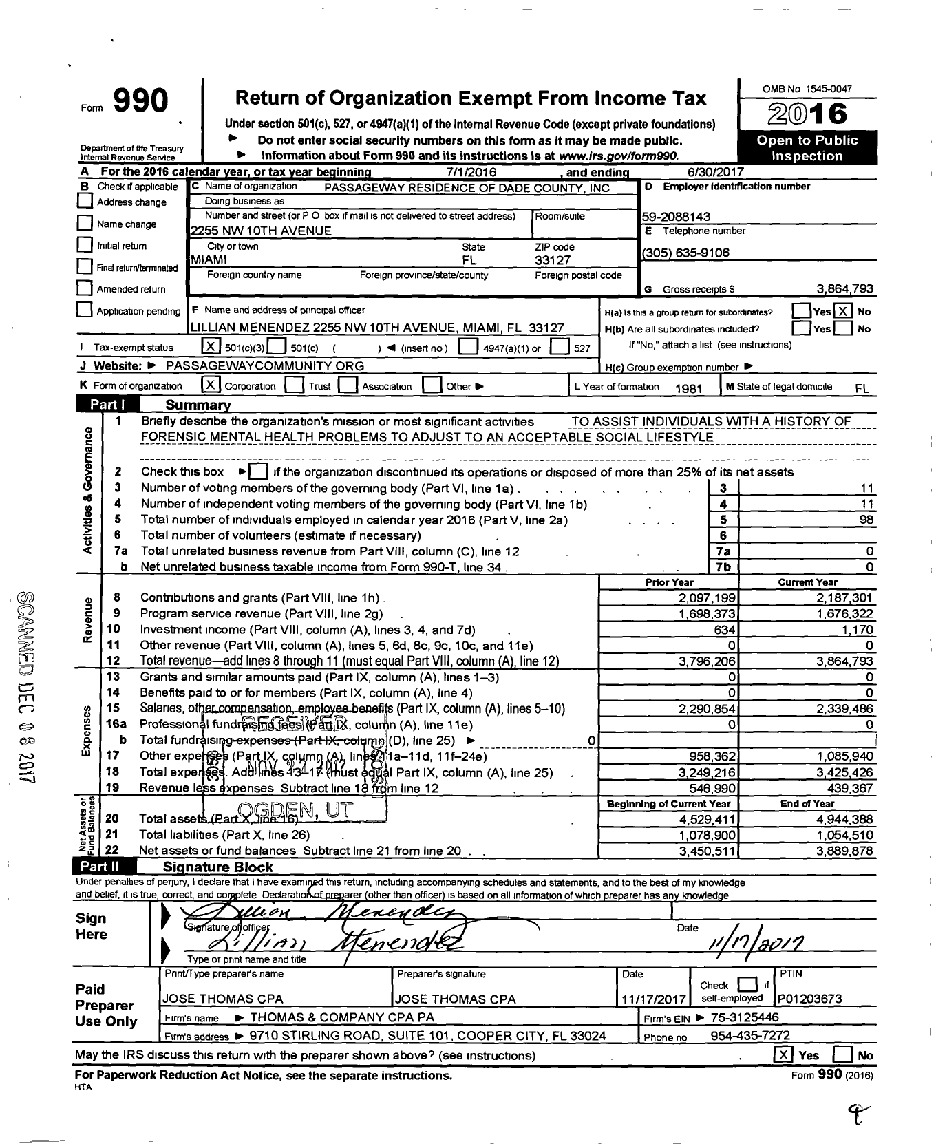 Image of first page of 2016 Form 990 for Passageway Residence of Dade County