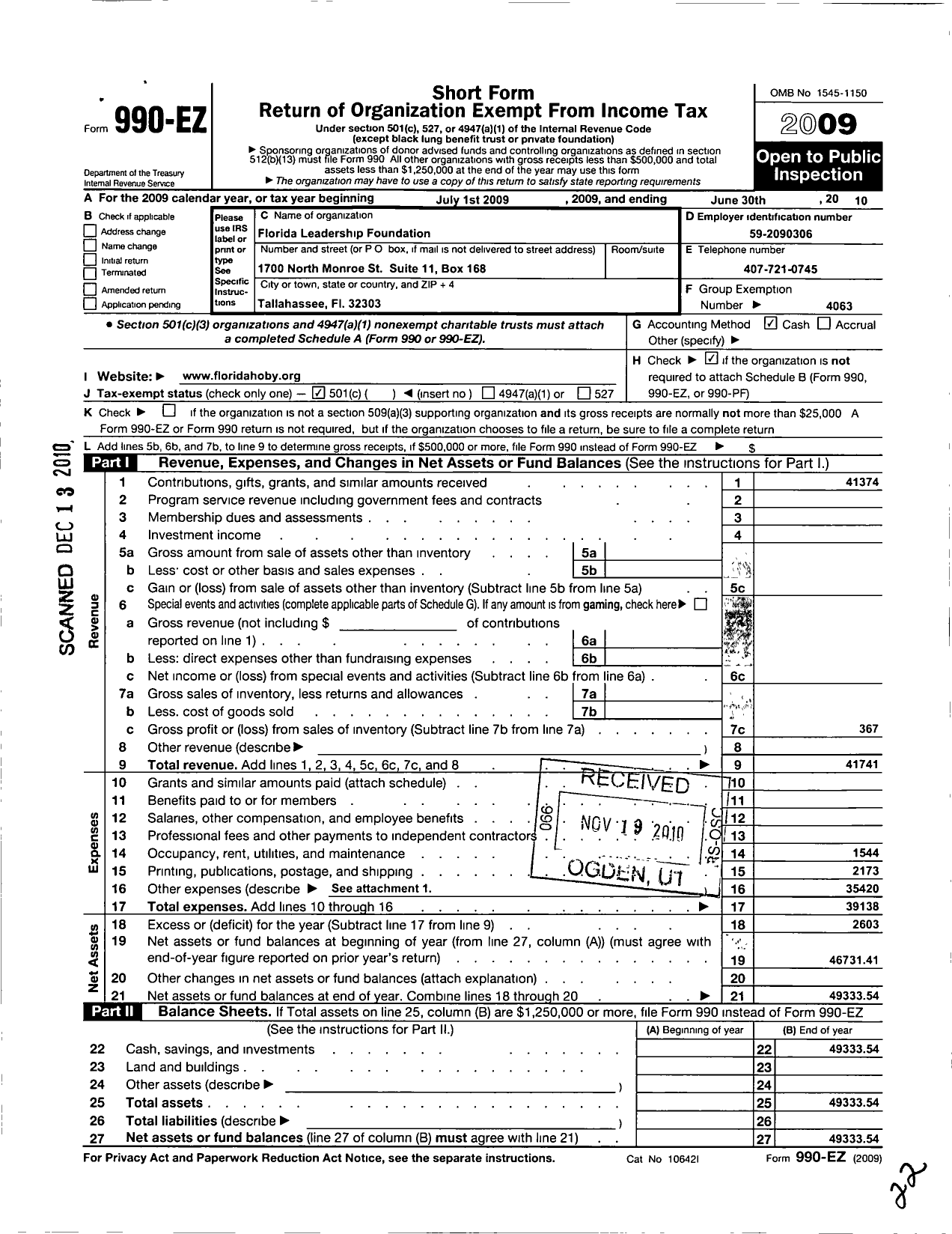 Image of first page of 2009 Form 990EO for Hugh Obrian Youth Leadership / Florida Leadership Corporation