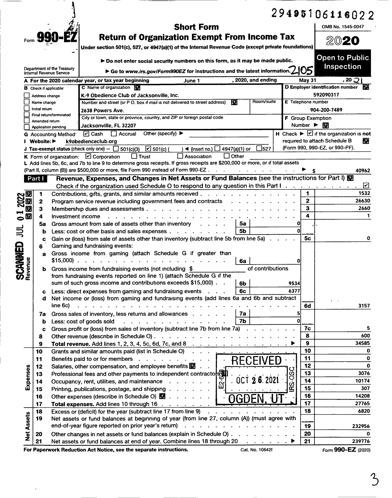 Image of first page of 2020 Form 990EO for K-9 Obedience Club of Jacksonville