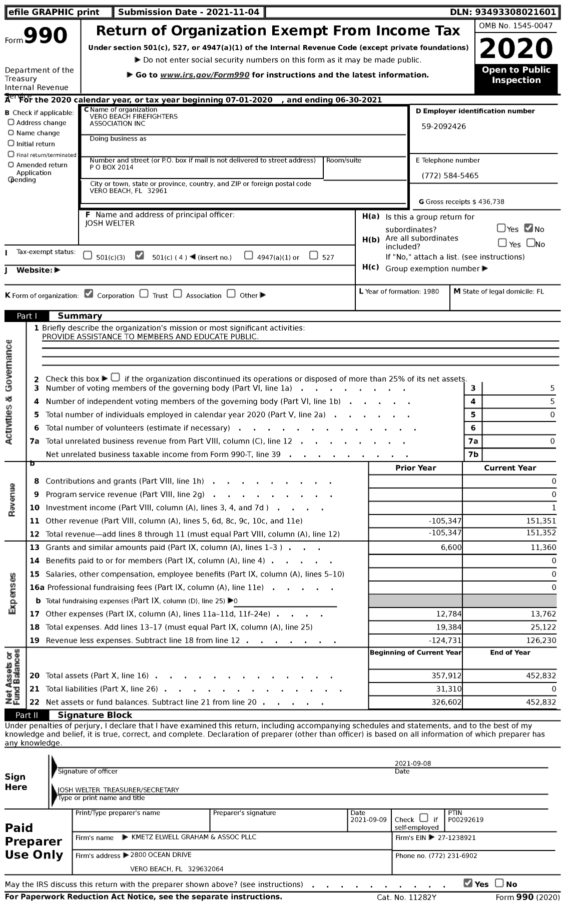 Image of first page of 2020 Form 990 for Vero Beach Firefighters Association