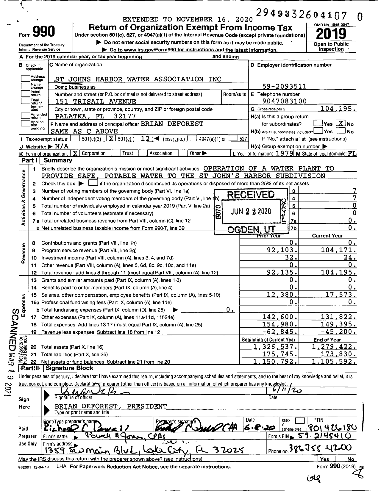 Image of first page of 2019 Form 990O for St Johns Harbor Water Association