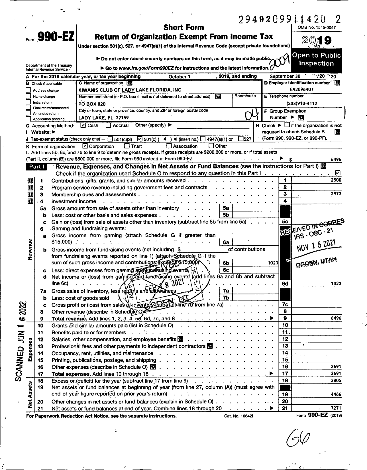 Image of first page of 2019 Form 990EO for Kiwanis International - K10298 Club of Lady Lake