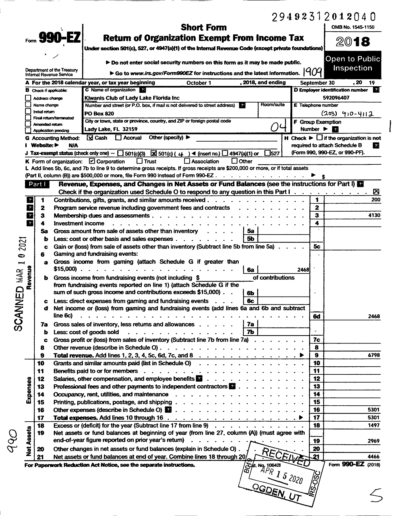 Image of first page of 2018 Form 990EO for Kiwanis International - K10298 Club of Lady Lake