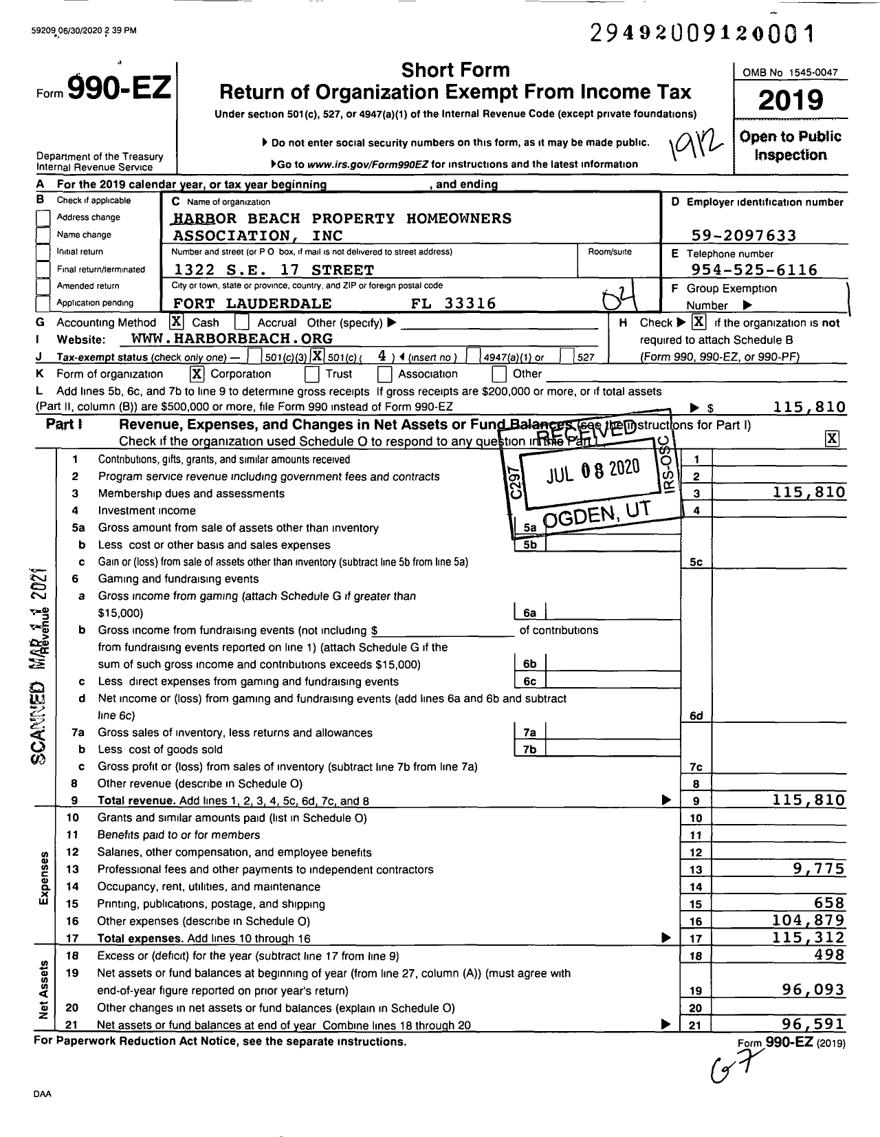 Image of first page of 2019 Form 990EO for Harbor Beach Property Homeowners Association