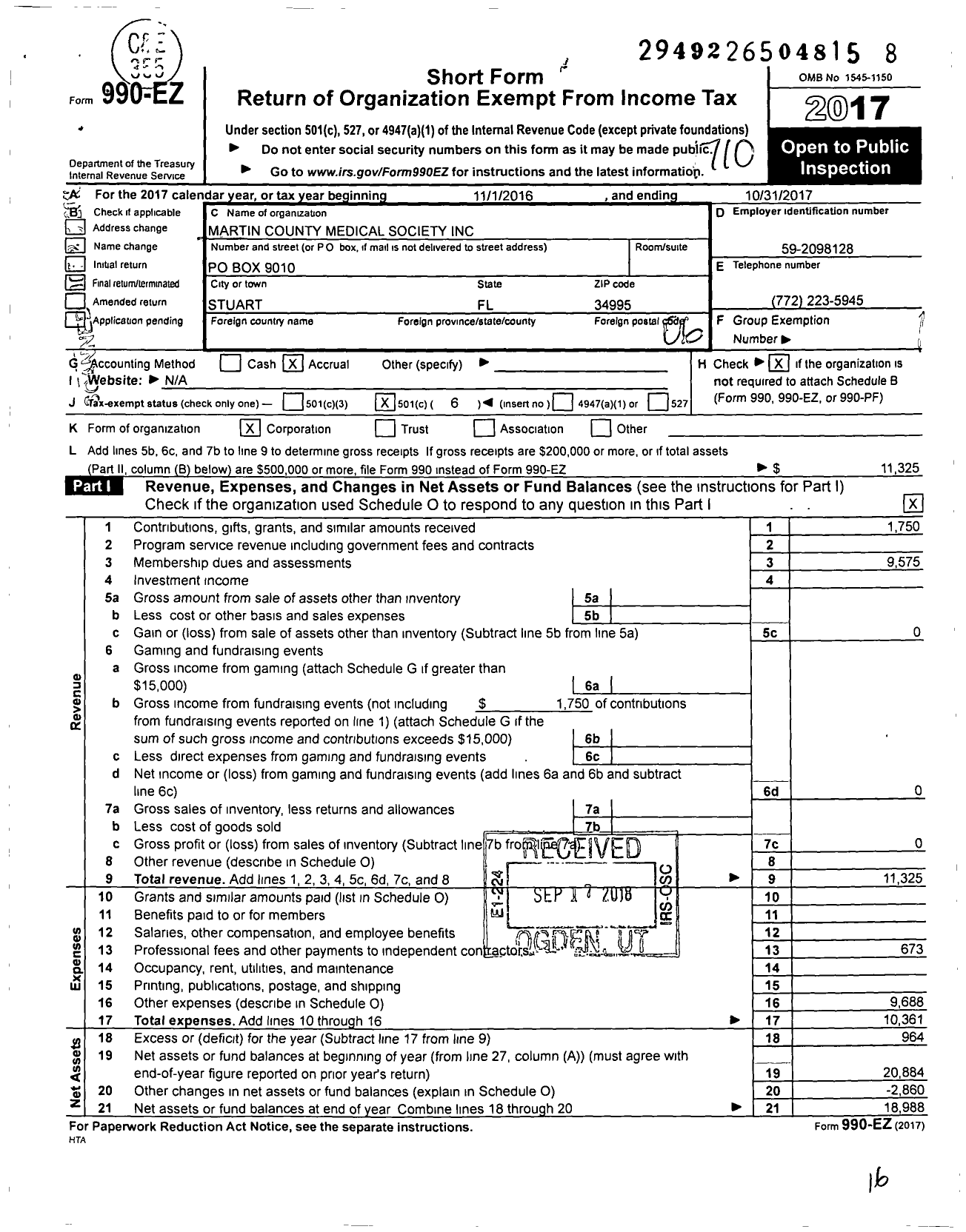 Image of first page of 2016 Form 990EO for Martin County Medical Society