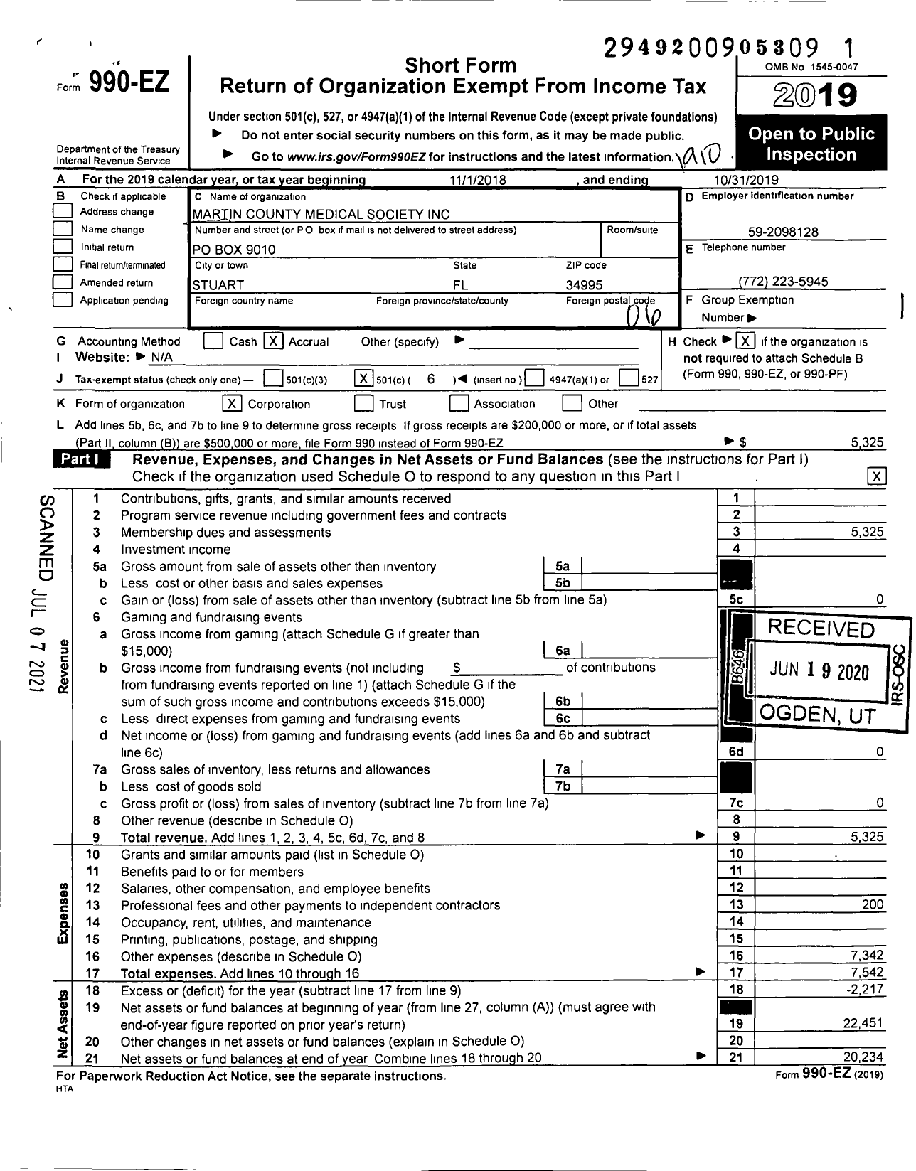 Image of first page of 2018 Form 990EO for Martin County Medical Society