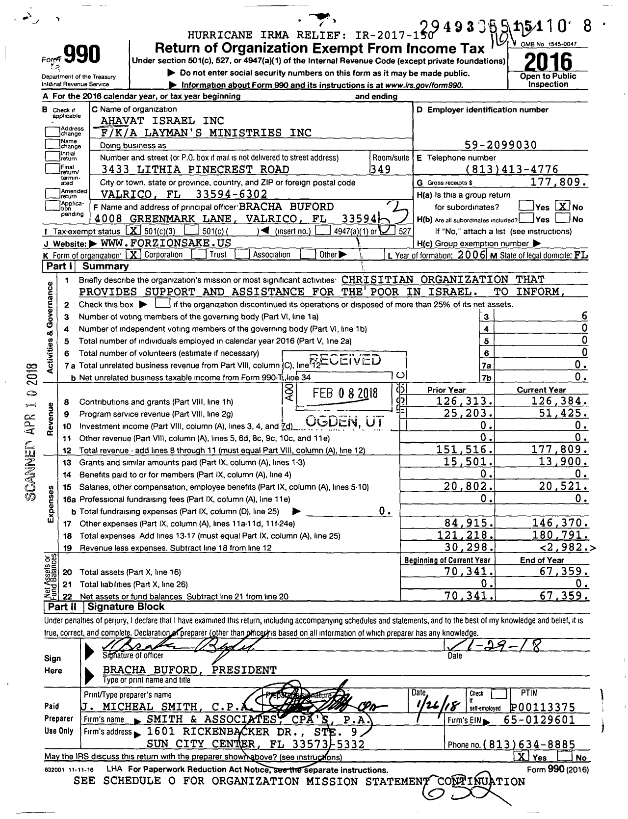 Image of first page of 2016 Form 990 for For Zion's Sake Ministries / Ahavat Israel Inc F / K / A Layman's Ministries Inc