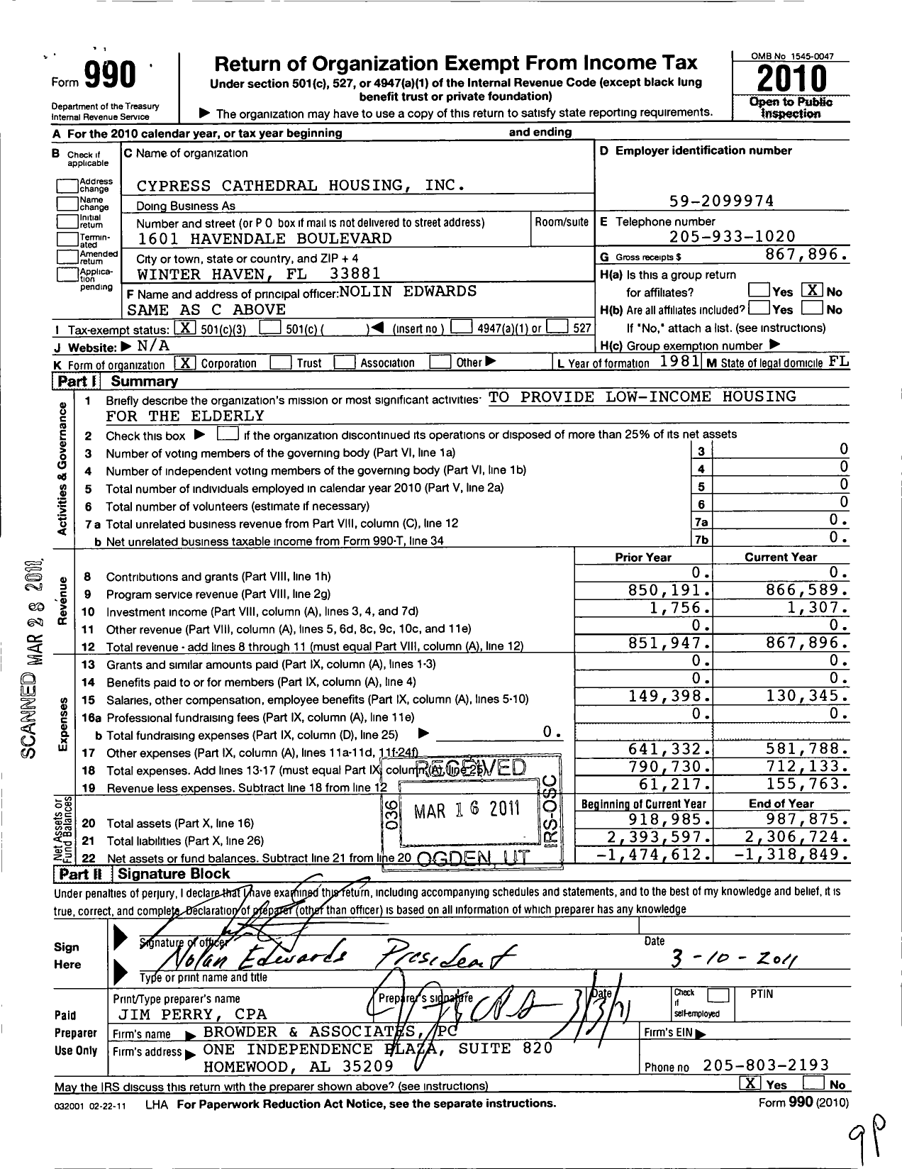 Image of first page of 2010 Form 990 for Cypress Cathedral Housing