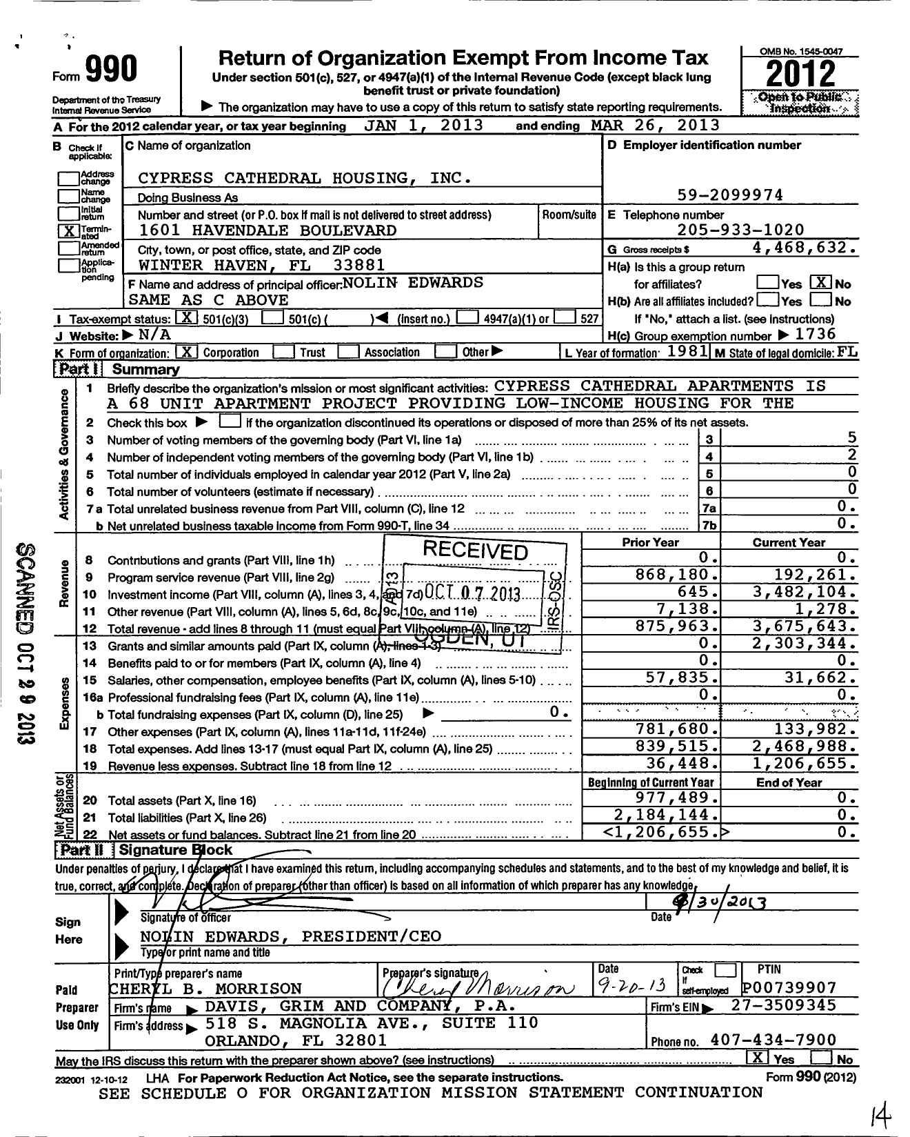 Image of first page of 2012 Form 990 for Cypress Cathedral Housing