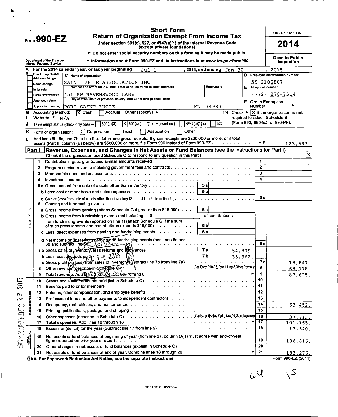 Image of first page of 2014 Form 990EO for Saint Lucie Association