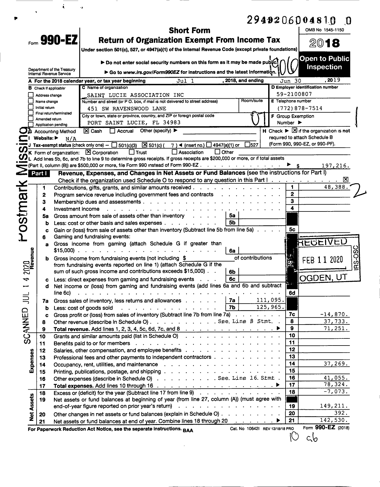 Image of first page of 2018 Form 990EO for Saint Lucie Association