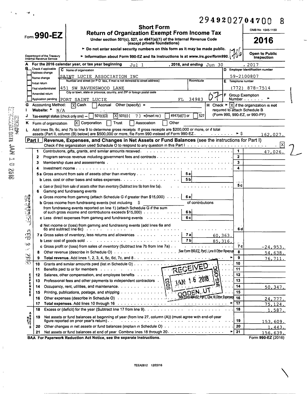 Image of first page of 2016 Form 990EO for Saint Lucie Association