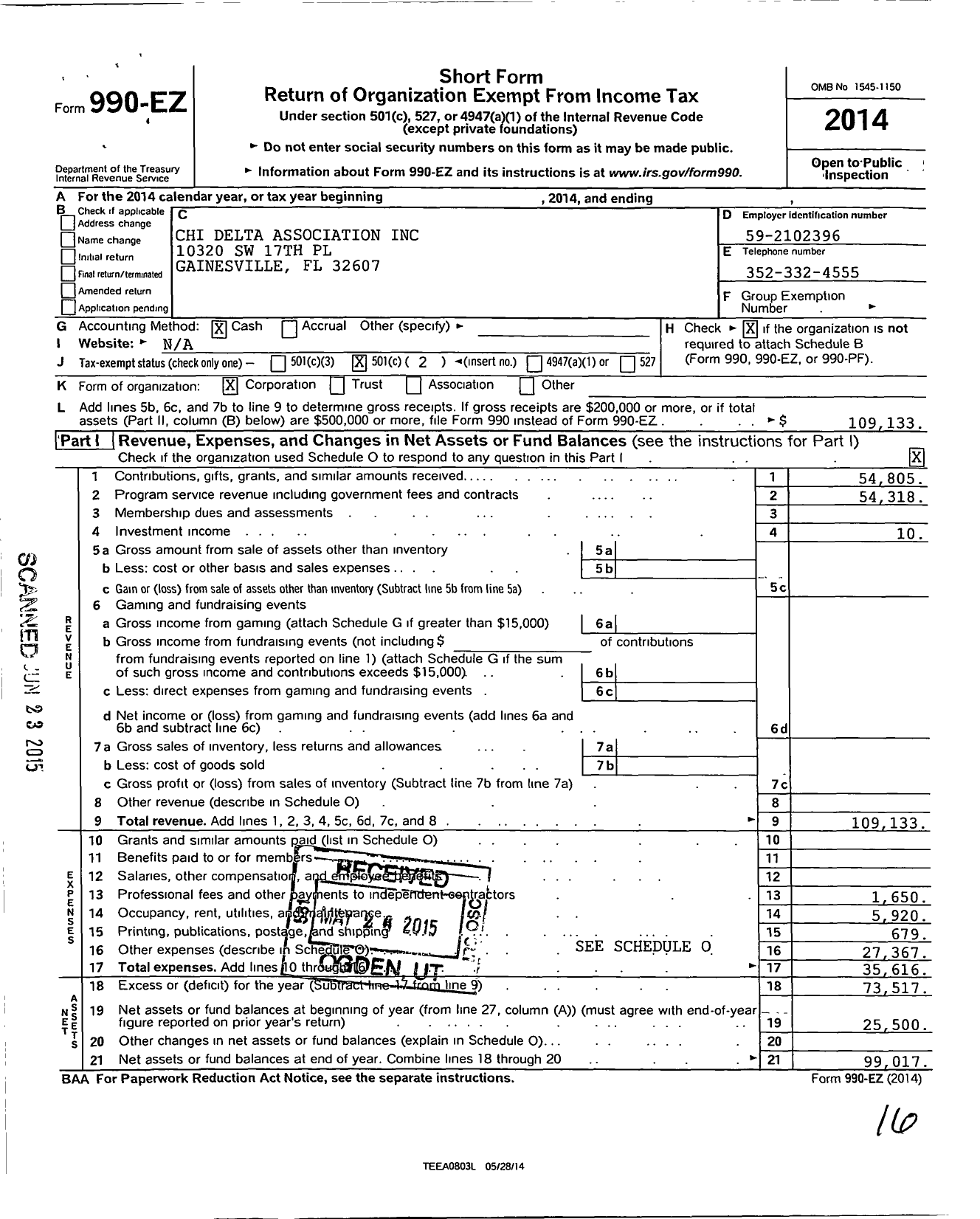 Image of first page of 2014 Form 990EO for Chi Delta Association