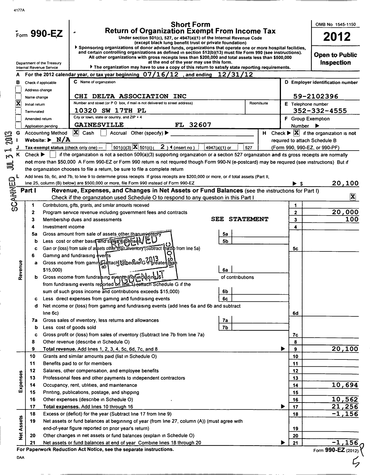 Image of first page of 2012 Form 990EO for Chi Delta Association