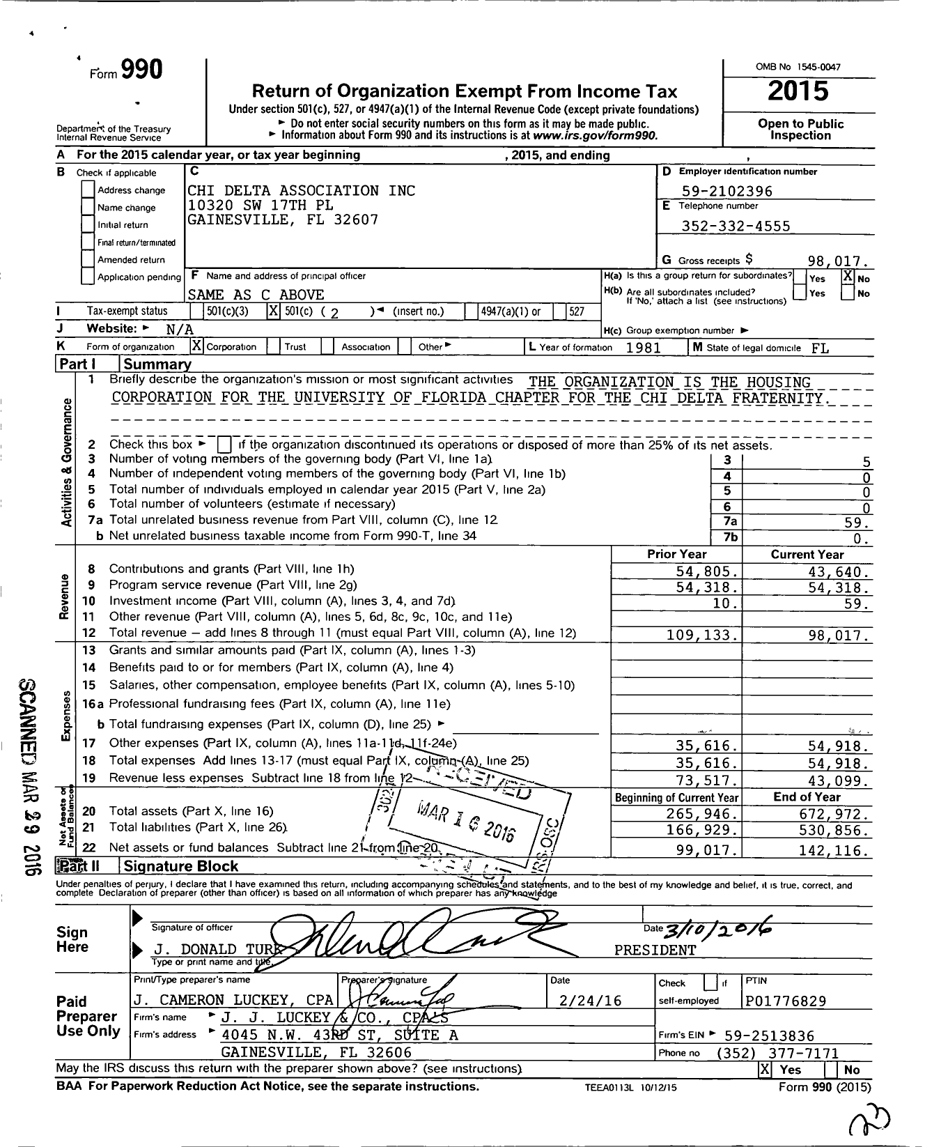 Image of first page of 2015 Form 990O for Chi Delta Association