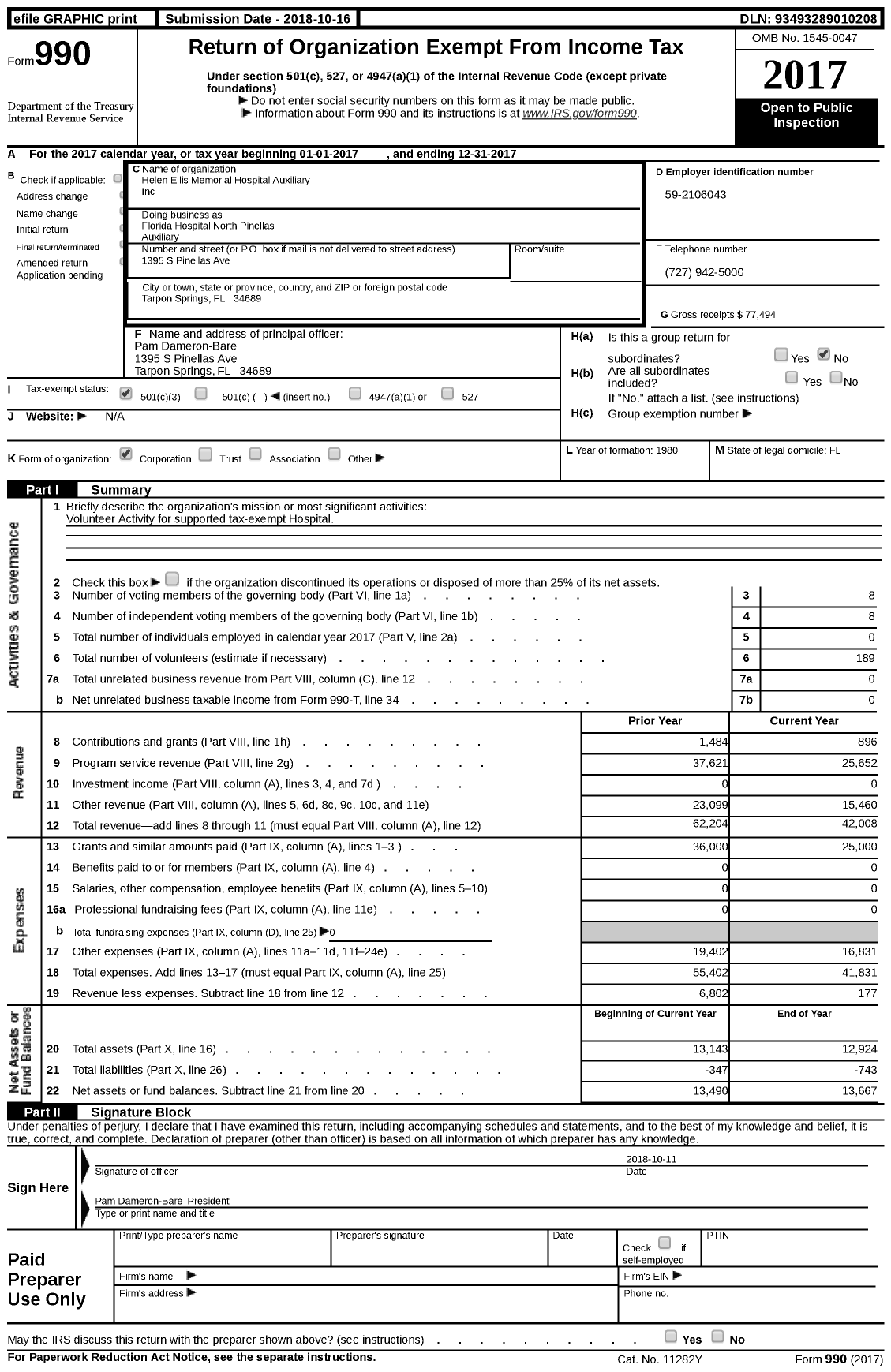 Image of first page of 2017 Form 990 for AdventHealth North Pinellas Auxiliary