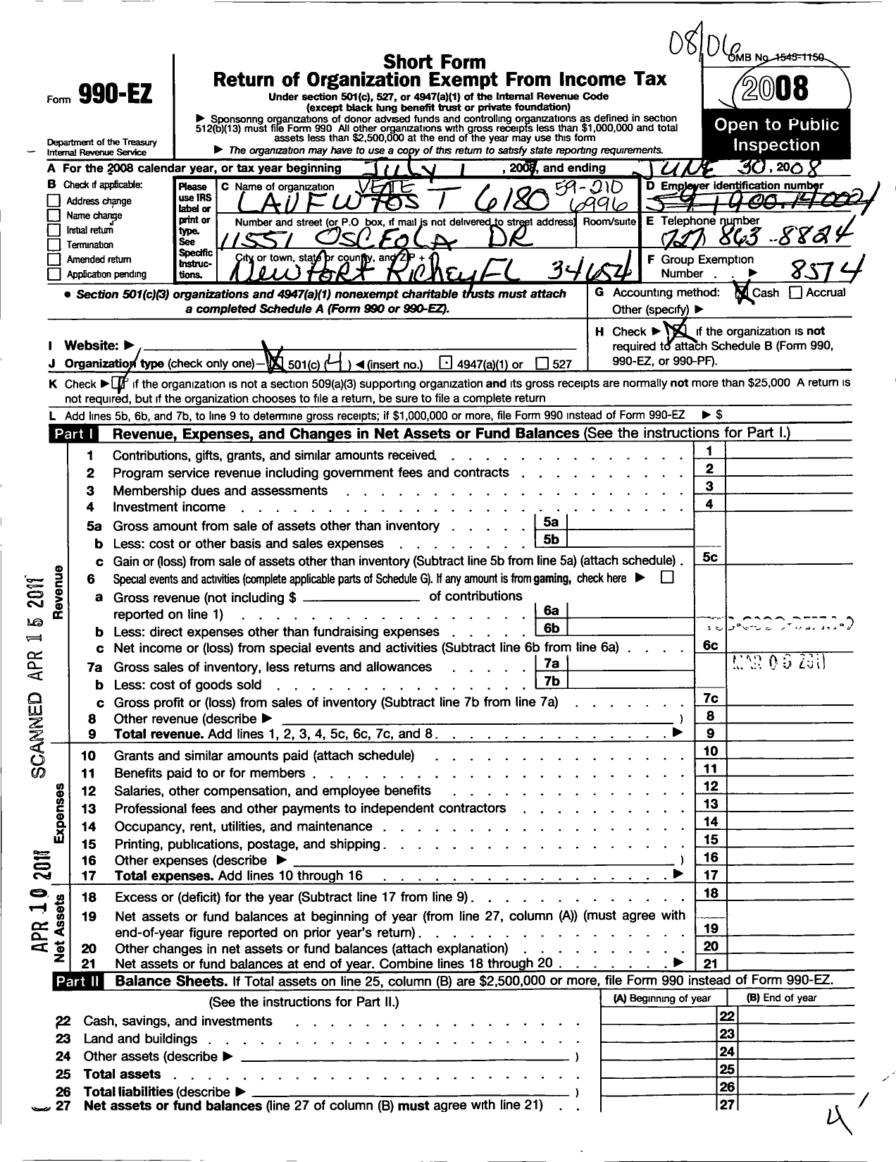 Image of first page of 2007 Form 990EO for Veterans of Foreign Wars of the Us Dept of Florida Auxiliary - 6180 VFW of the Us Auxiliary To Post