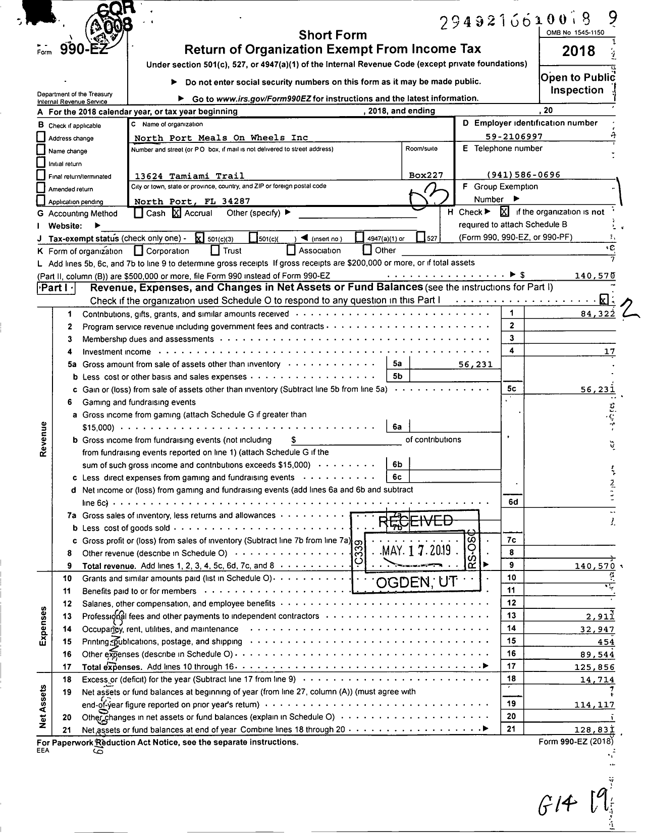 Image of first page of 2018 Form 990EZ for North Port Meals on Wheels