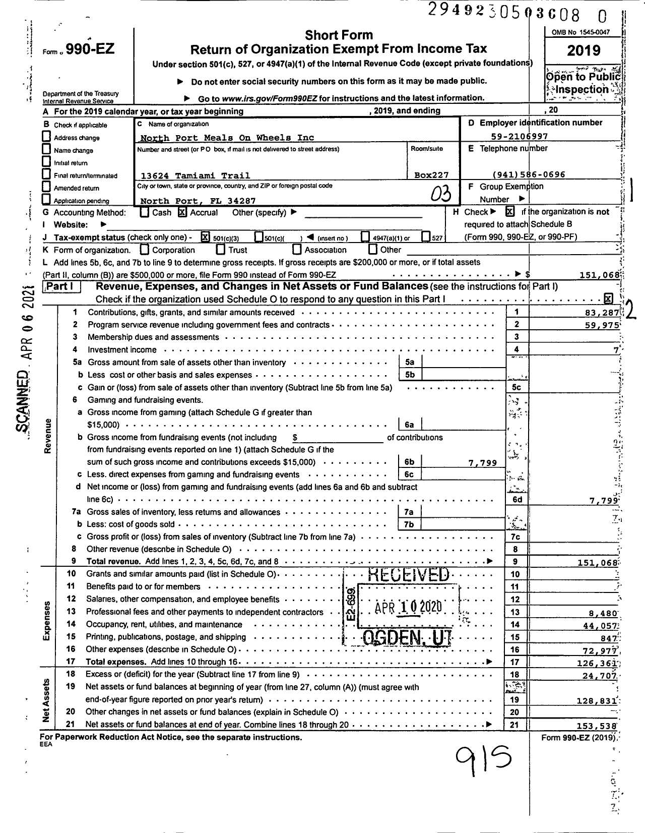 Image of first page of 2019 Form 990EZ for North Port Meals on Wheels