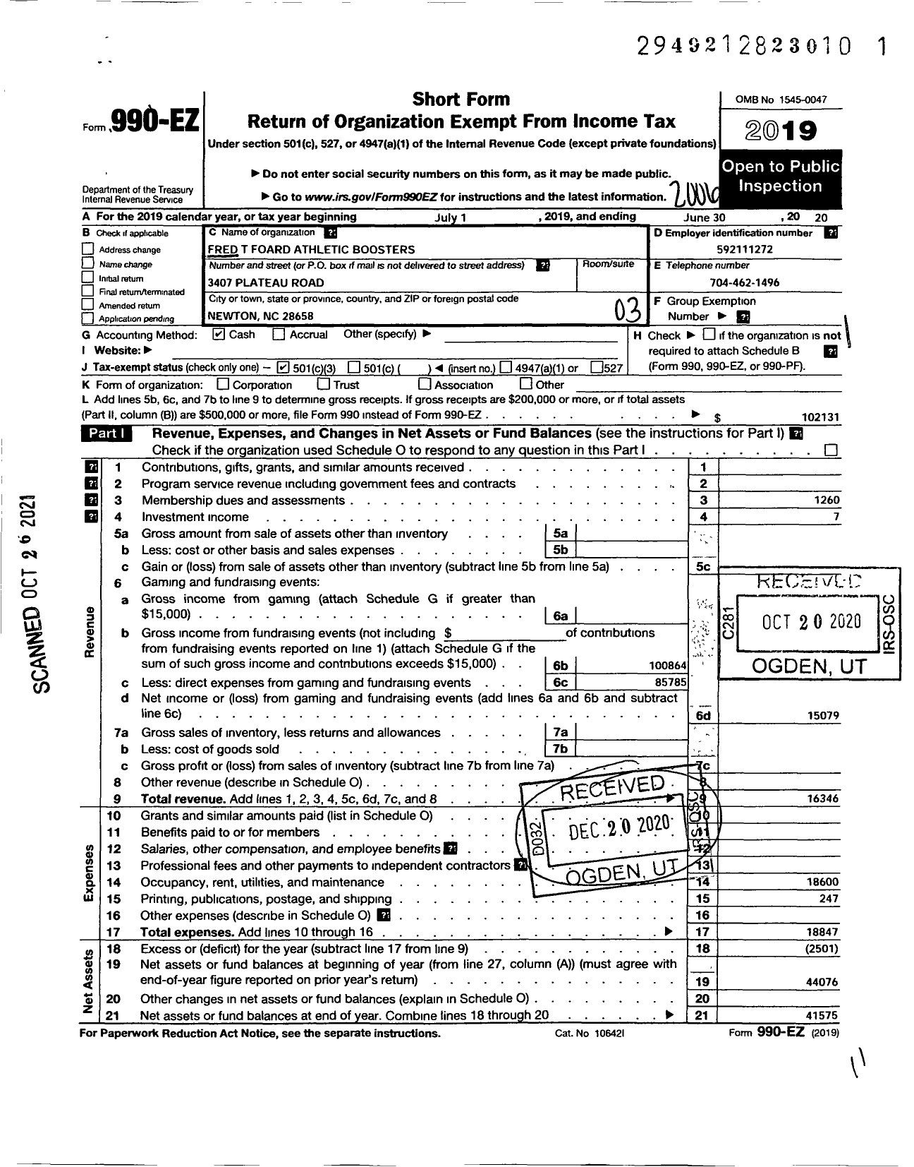 Image of first page of 2019 Form 990EZ for Foard Athletic Booster Club