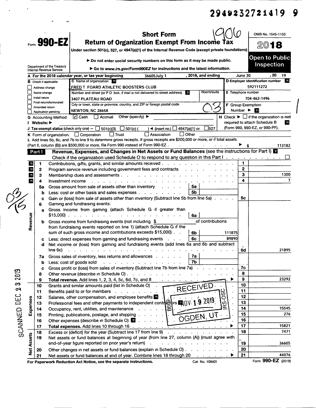 Image of first page of 2018 Form 990EZ for Foard Athletic Booster Club