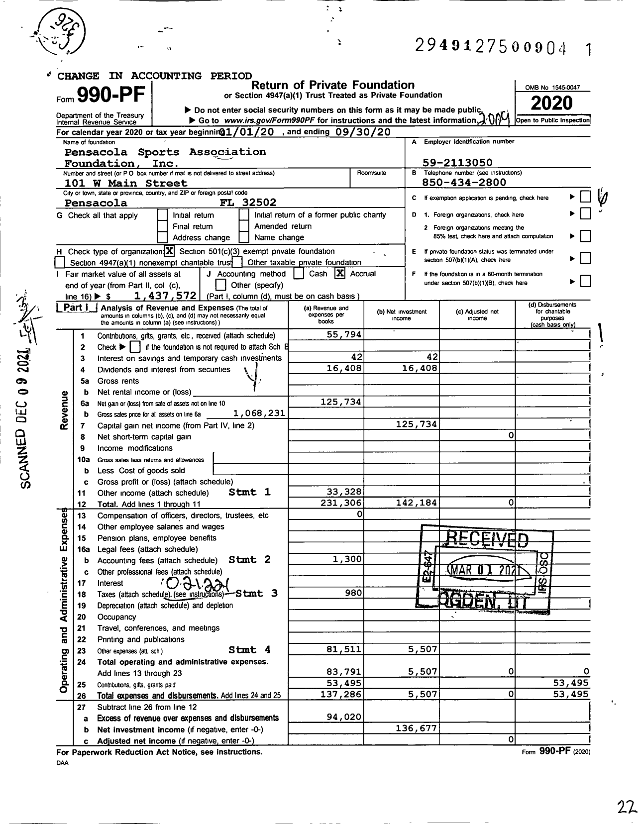 Image of first page of 2019 Form 990PF for Pensacola Sports Association