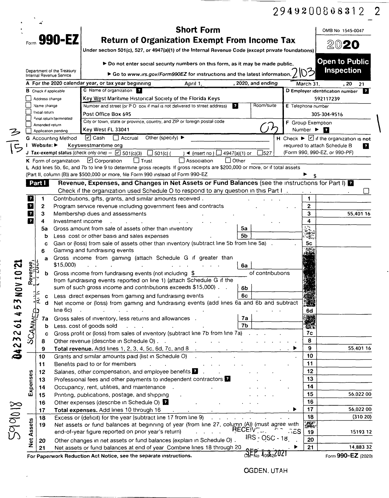 Image of first page of 2020 Form 990EZ for Key West Maritime Historical Society of the Florida Keys