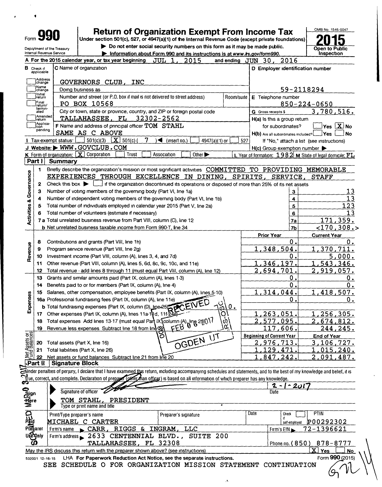 Image of first page of 2015 Form 990O for Governors Club