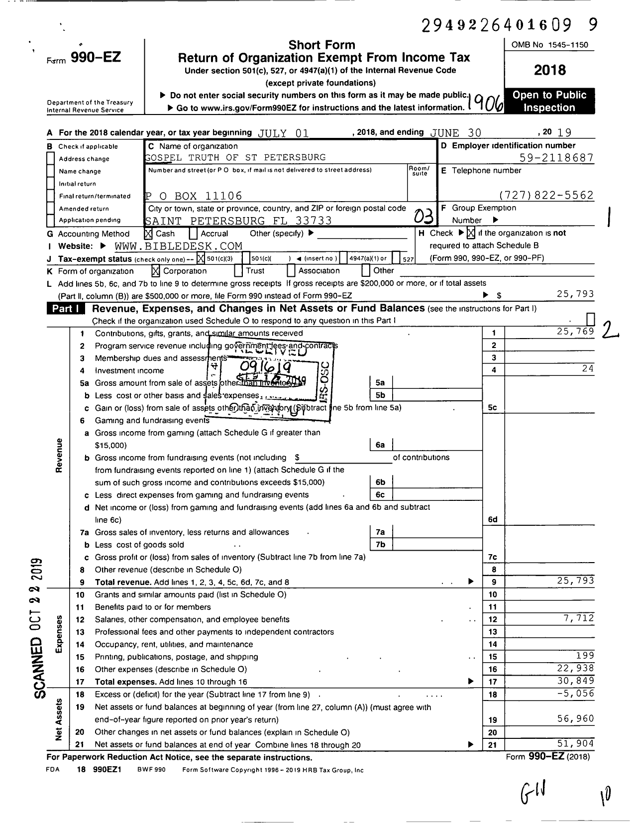 Image of first page of 2018 Form 990EZ for Gospel Truth of St Petersburg