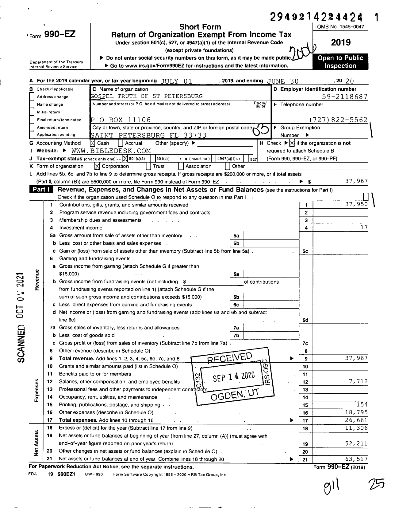 Image of first page of 2019 Form 990EZ for Gospel Truth of St Petersburg