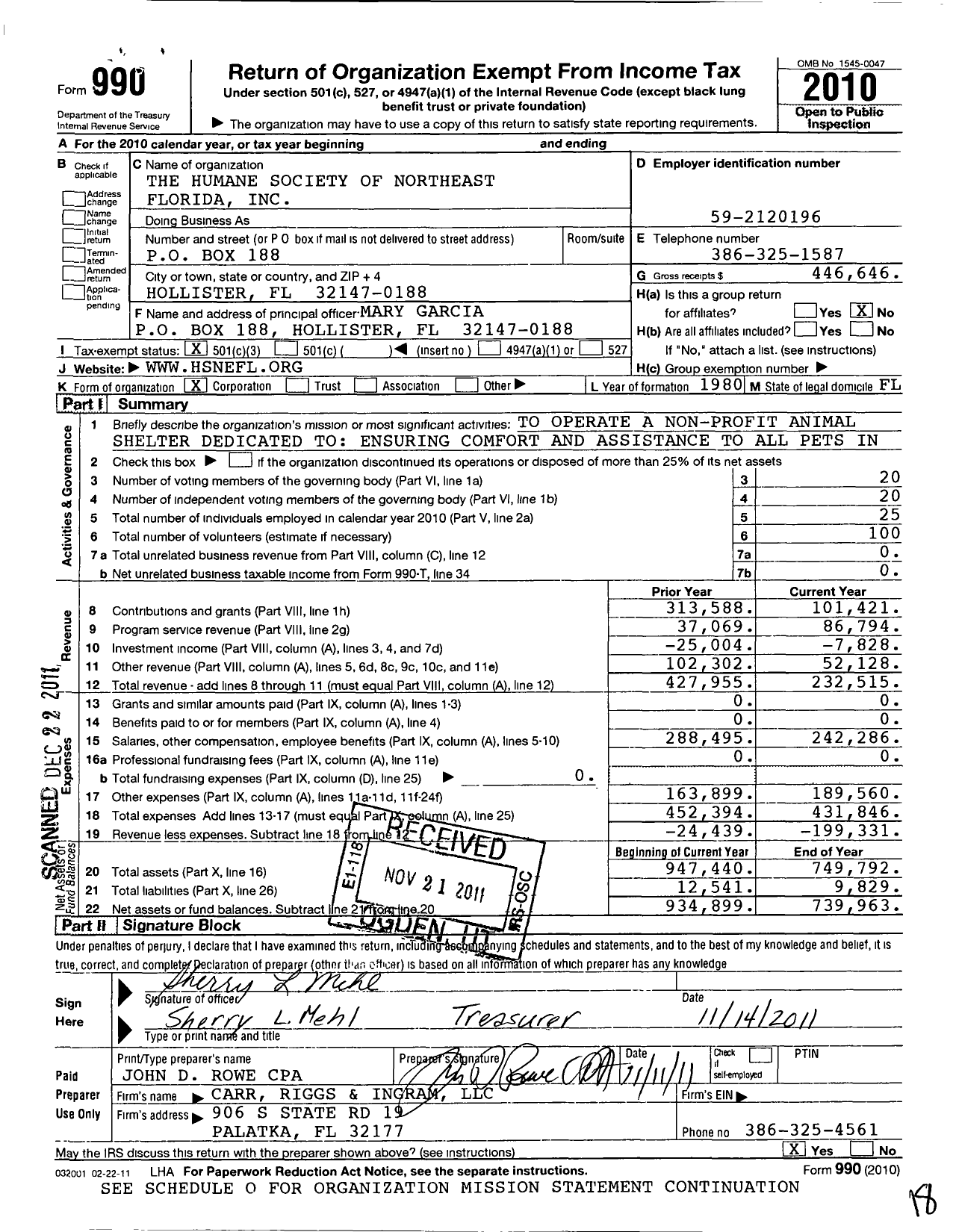 Image of first page of 2010 Form 990 for The Humane Society of Northeast Florida