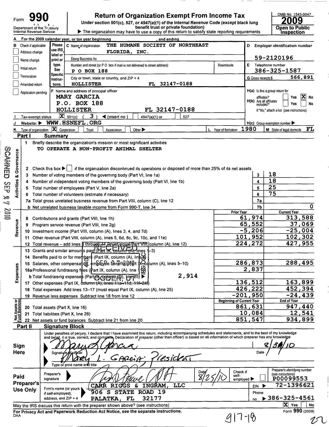 Image of first page of 2009 Form 990 for The Humane Society of Northeast Florida