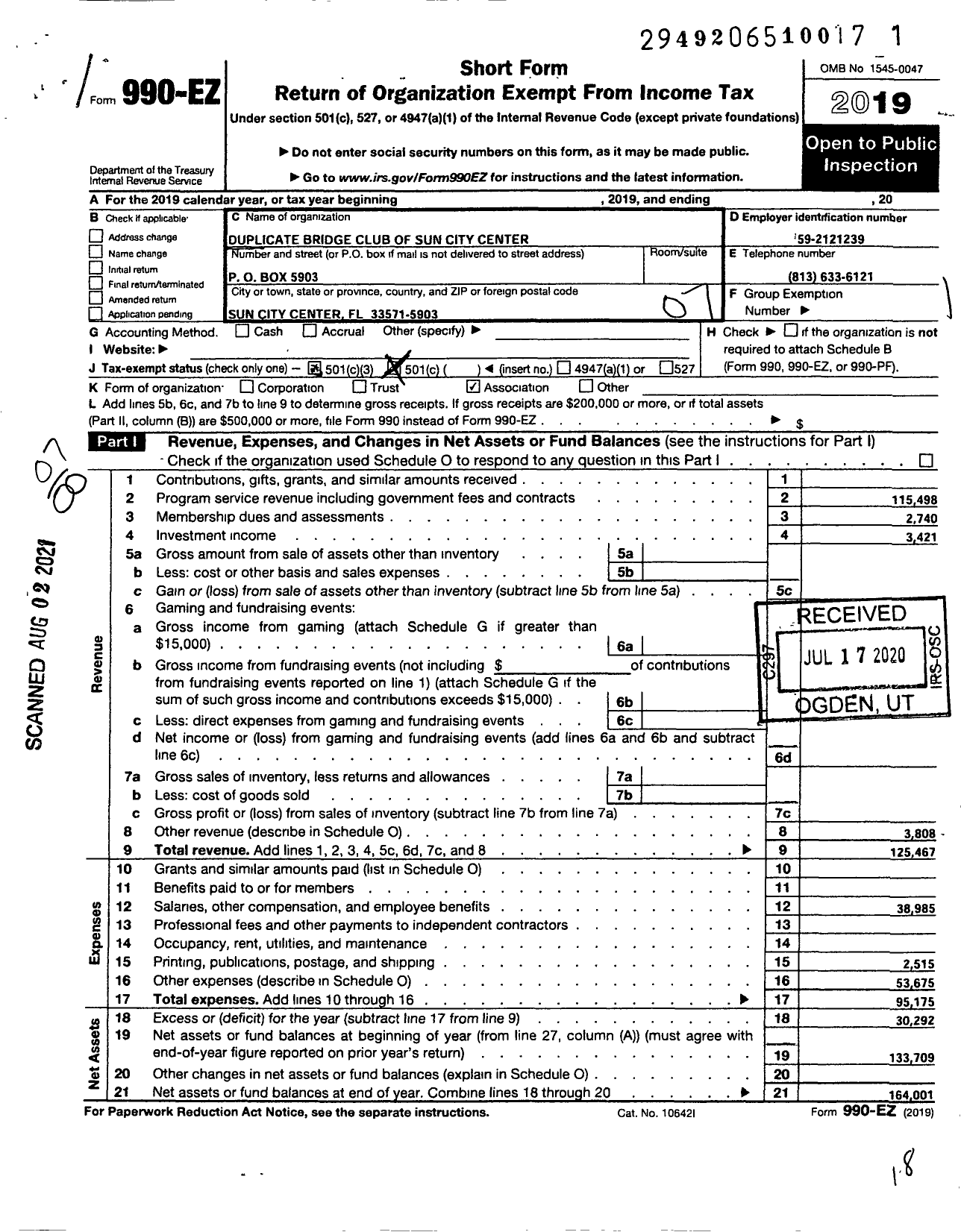 Image of first page of 2019 Form 990EO for Duplicate Bridge Association of Sun City Center