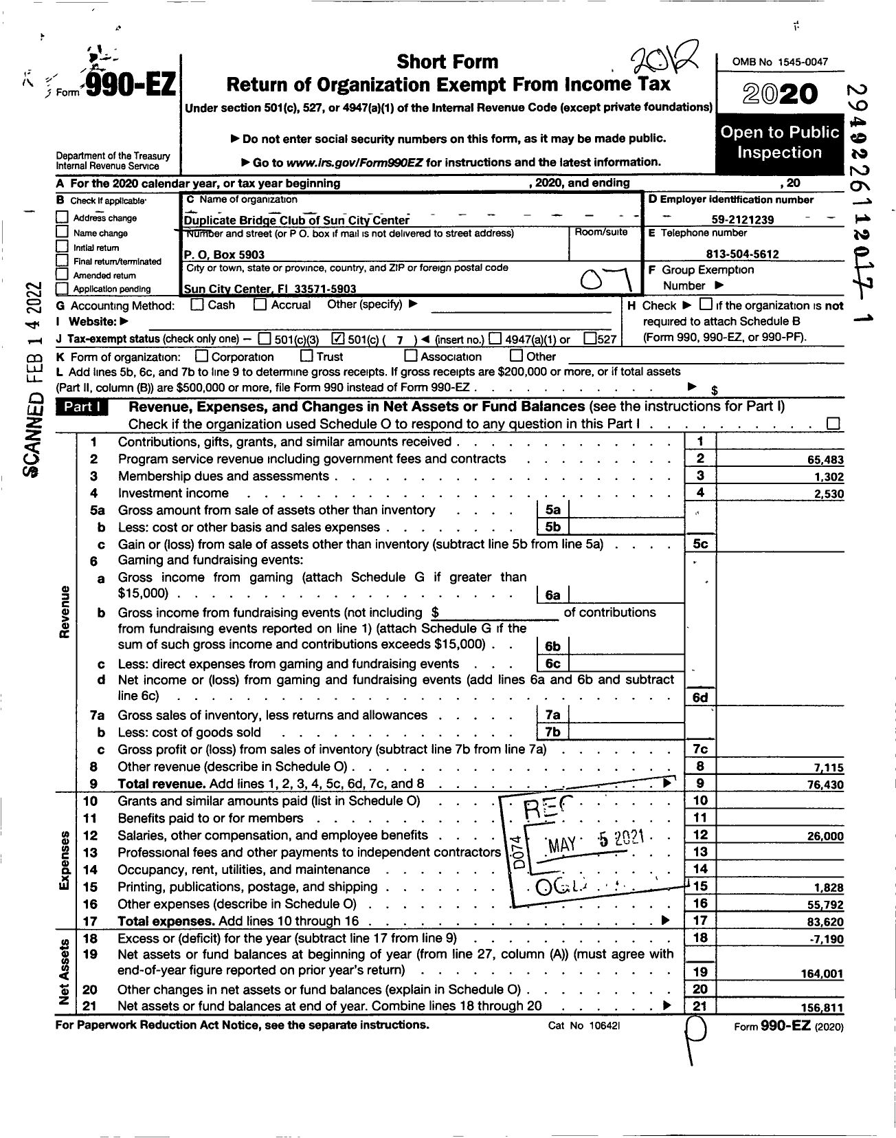 Image of first page of 2020 Form 990EO for Duplicate Bridge Association of Sun City Center