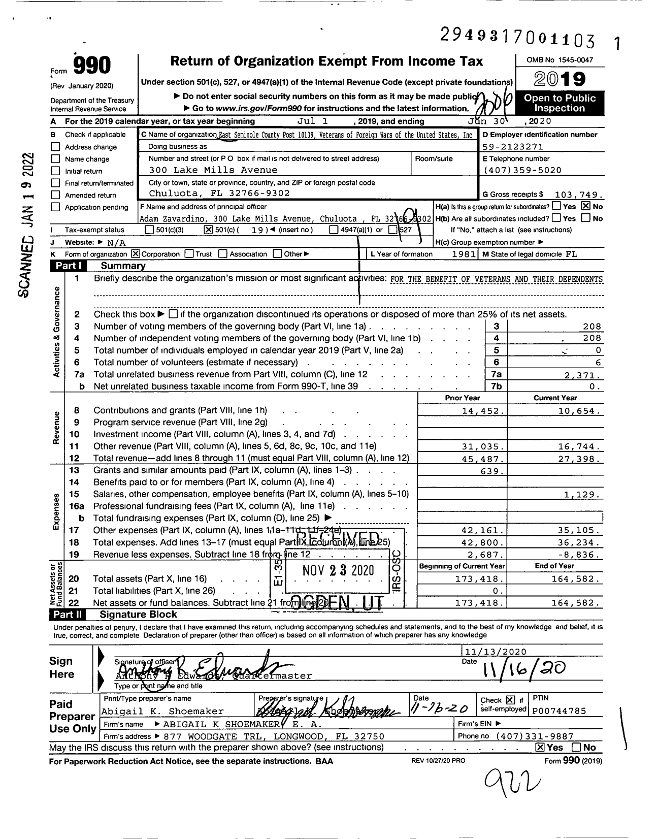 Image of first page of 2019 Form 990O for VFW Department of Florida - 10139 VFW Post