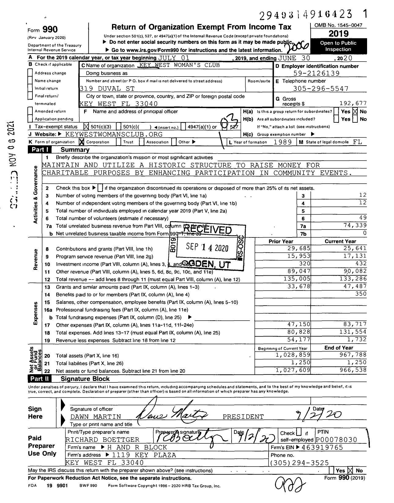 Image of first page of 2019 Form 990 for Key West Womans Club