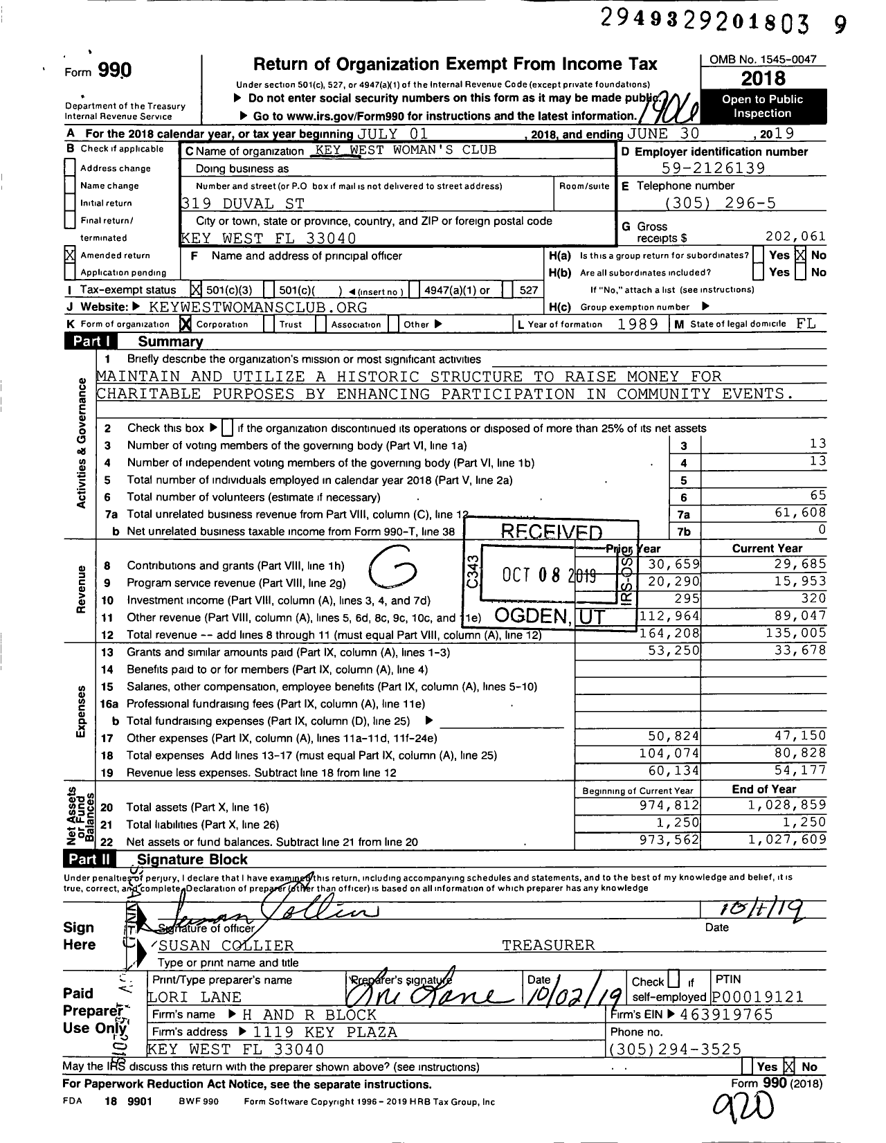 Image of first page of 2018 Form 990 for Key West Womans Club