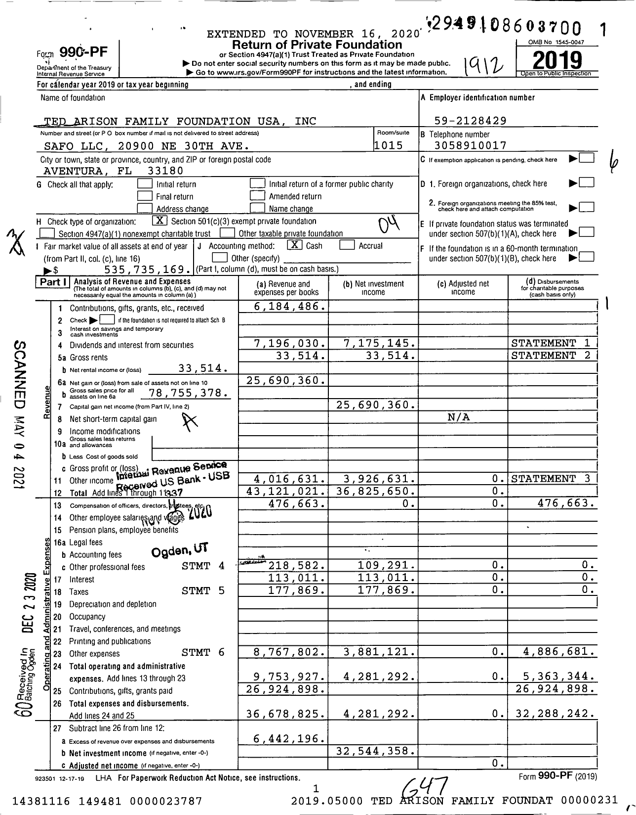 Image of first page of 2019 Form 990PF for Ted Arison Family Foundation USA