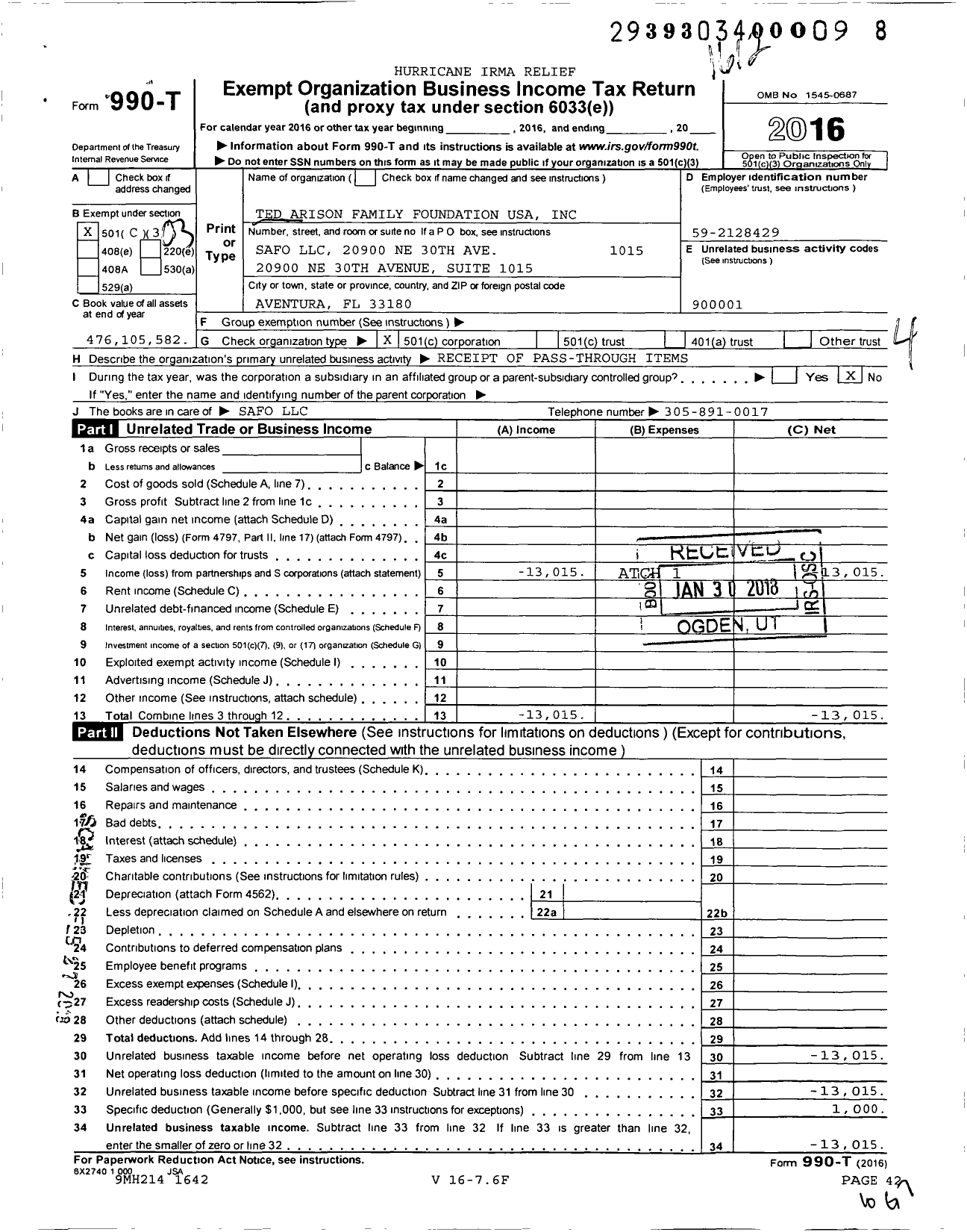 Image of first page of 2016 Form 990T for Ted Arison Family Foundation USA