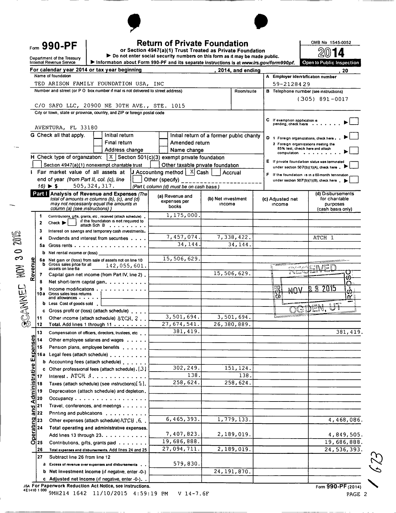 Image of first page of 2014 Form 990PF for Ted Arison Family Foundation USA