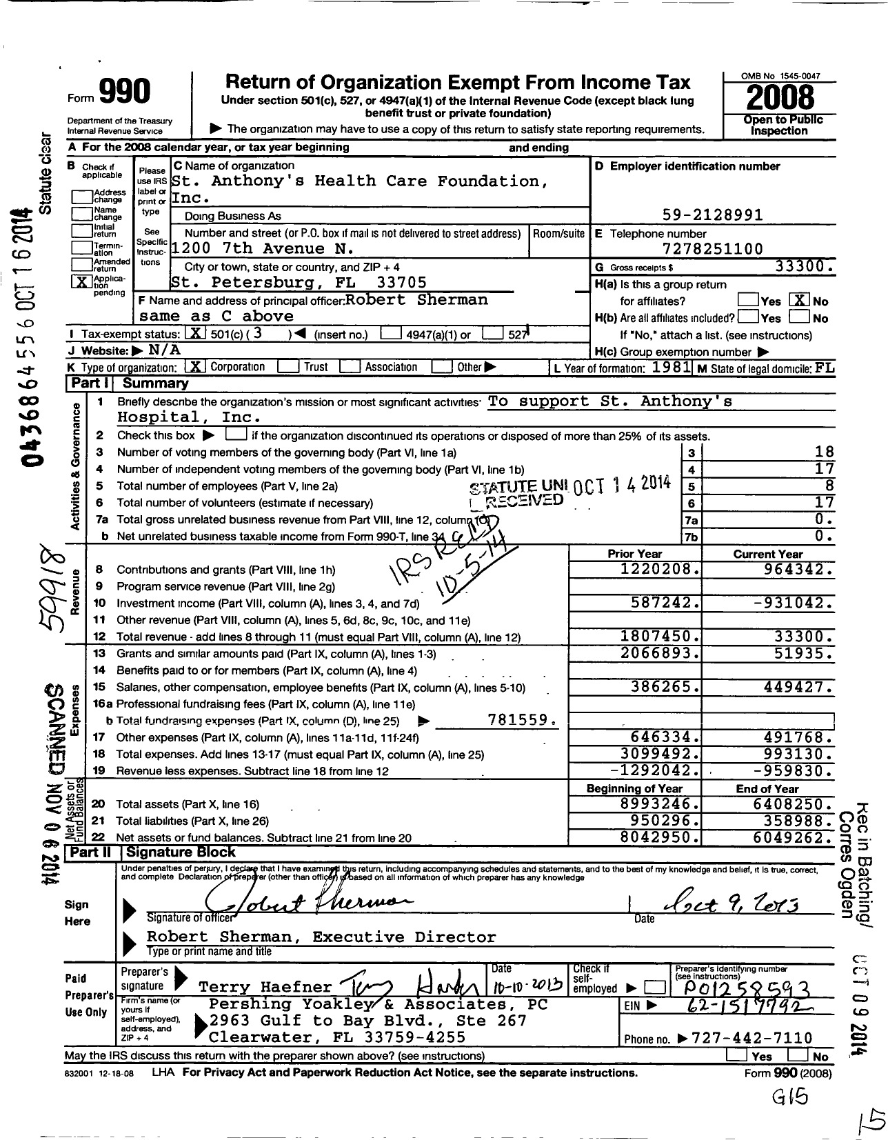 Image of first page of 2008 Form 990 for St Anthonys Health Care Foundation